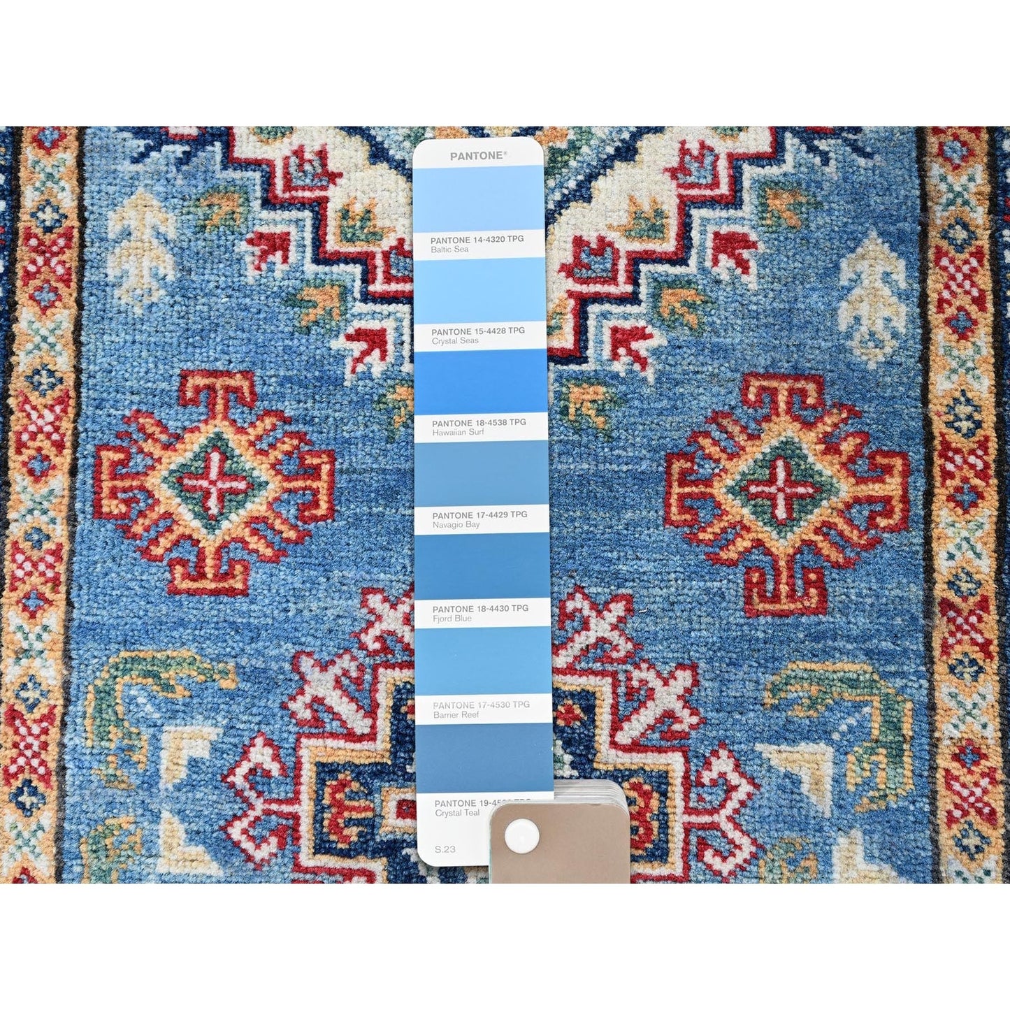 2'6"X6'2" Blue Kazak With Geometric Design Hand Knotted All Wool Runner Rug