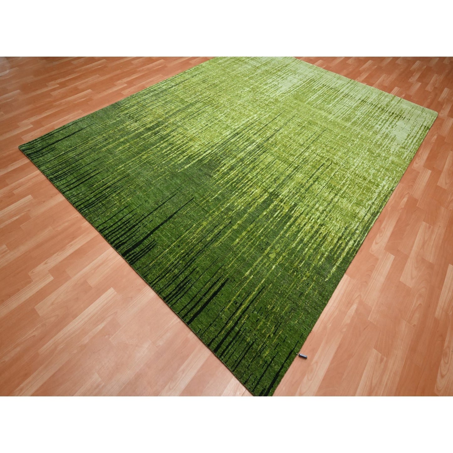 8'2"X10'3" Pickle Green Vertical Ombre Design Hand Knotted Soft Wool Rug