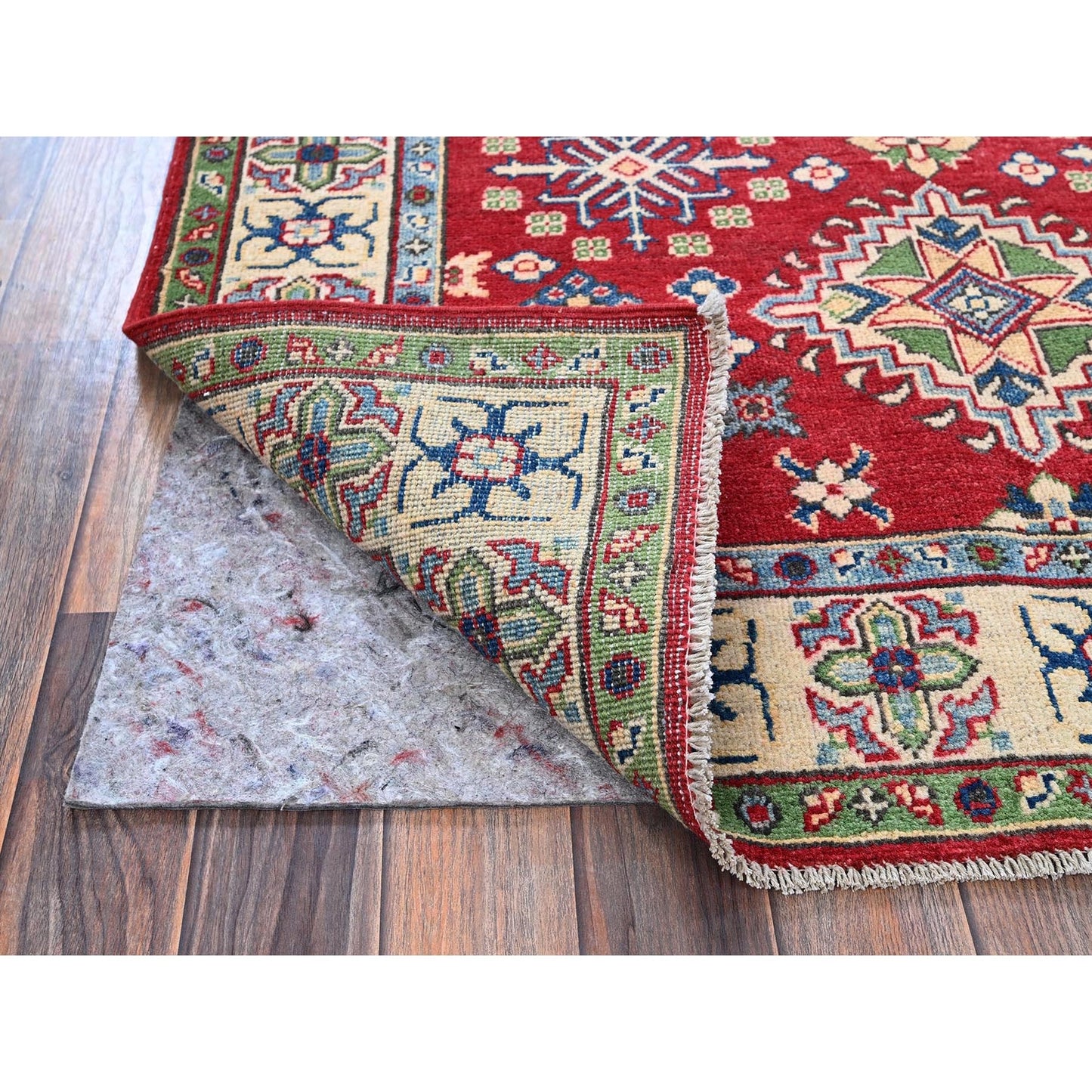 4'X6' Crimson Red Kazak With Tribal Motifs Hand Knotted Pure Wool Rug
