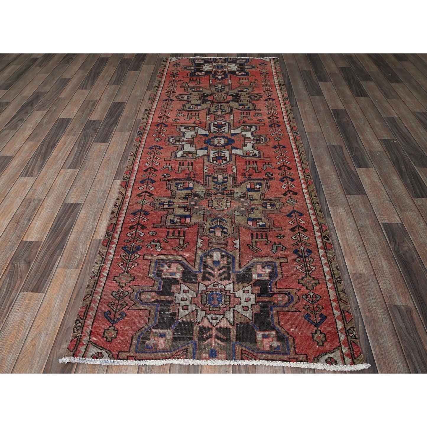3'1"X8' Blush Red, Vintage Zoroastrian Heris Hand Knotted Wool Runner Rug