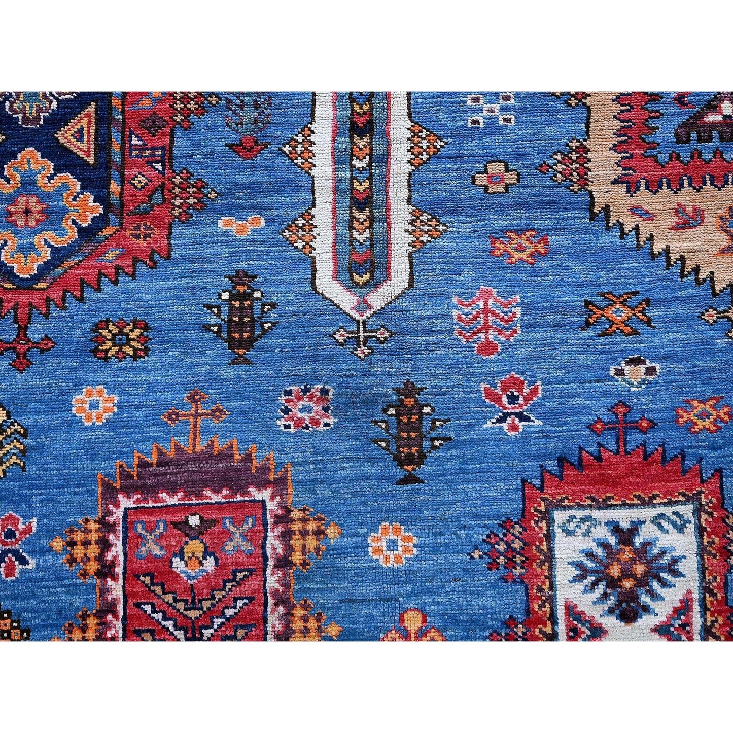 6'3"X9'1" Blue Afghan Caucasian Design Revival Hand Knotted Soft Wool Rug