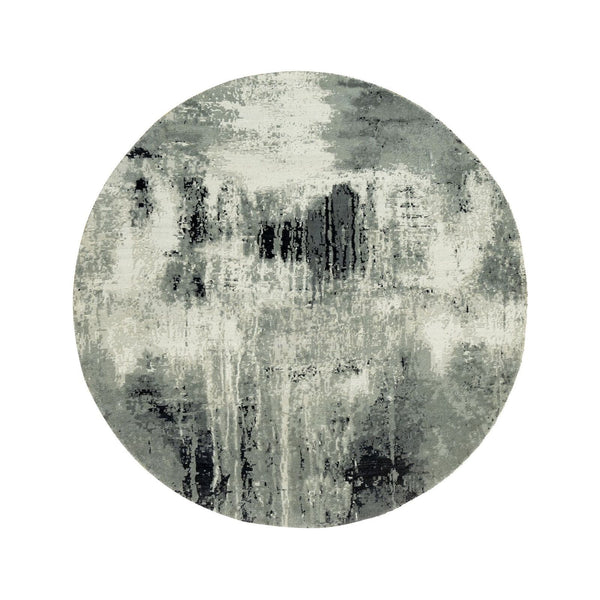 6'X6' Obsidian Black Hand Knotted Abstract Wool And Silk Round Rug