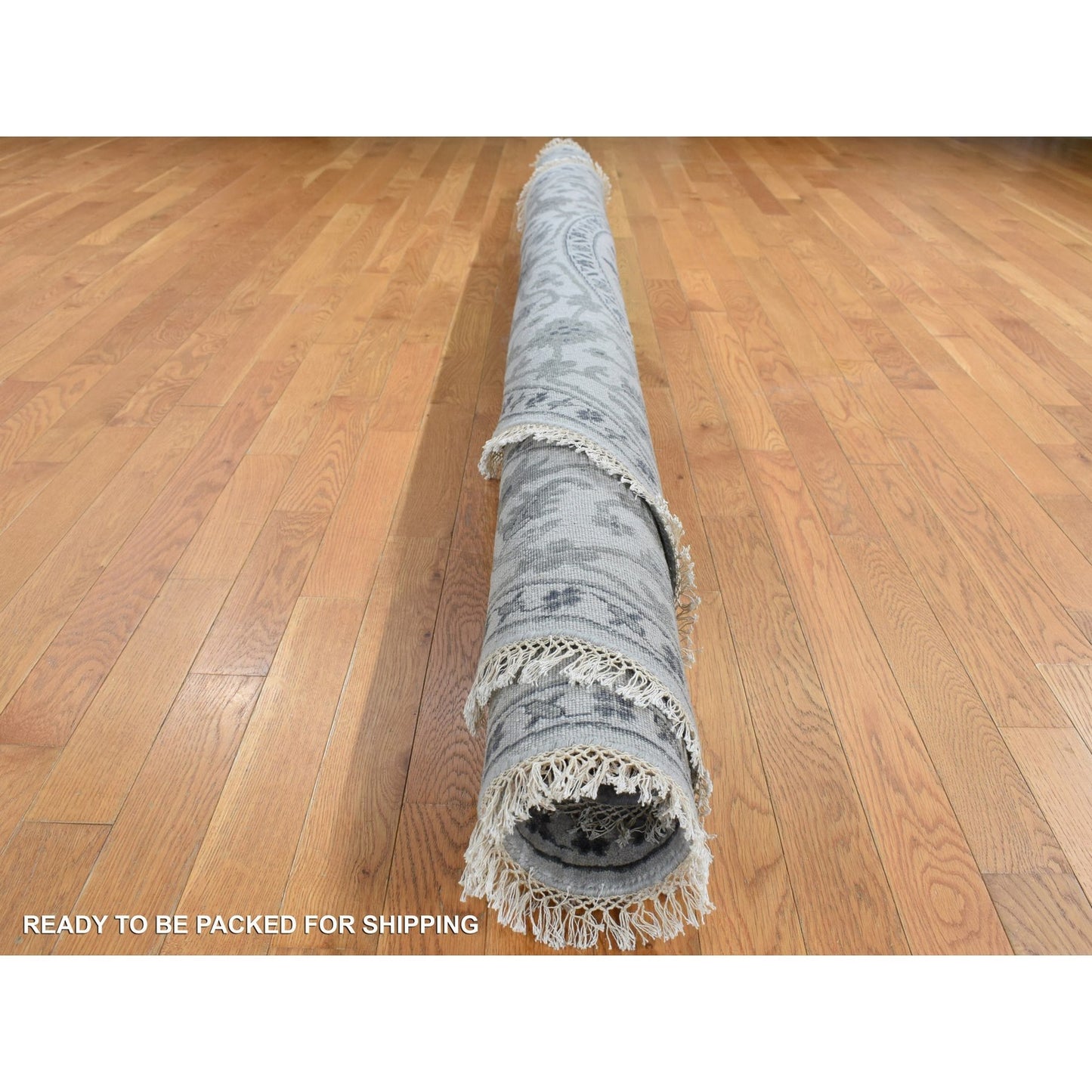 10'X10' Gray Heris Design Wool And Silk Hand Knotted Round Rug
