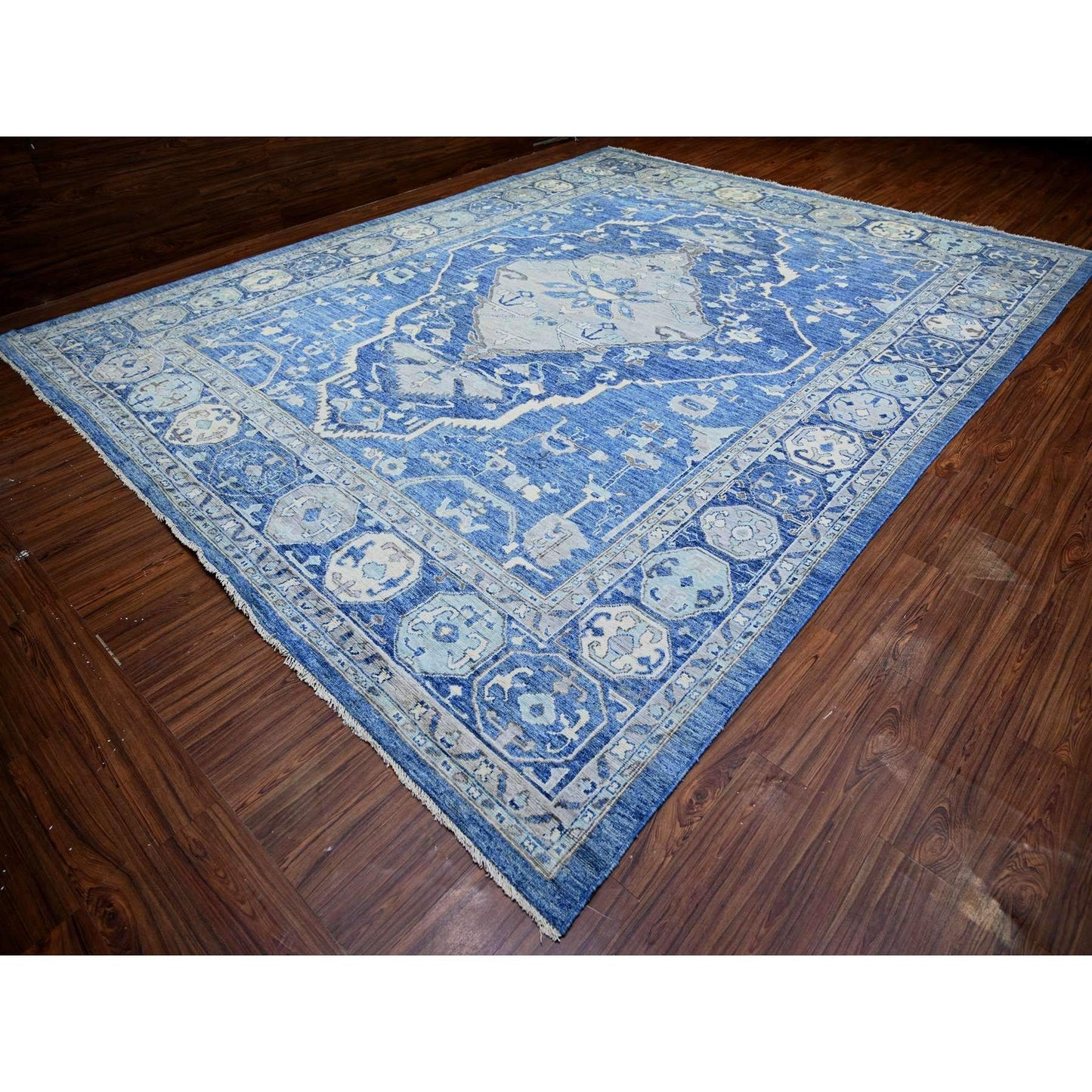 11'9"X15'1" Steel Blue Anatolian Village Inspired Wool Hand Knotted Rug