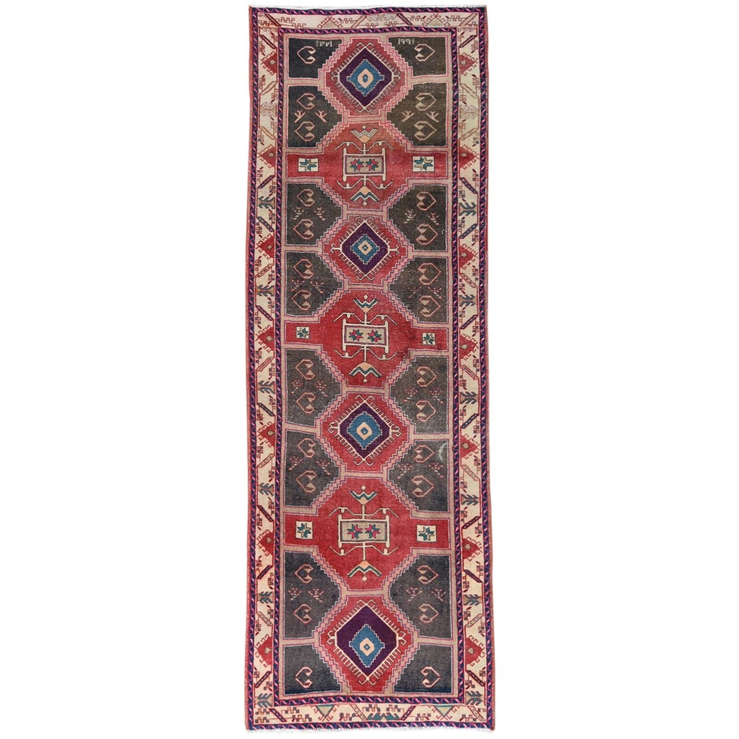 3'9"X10'9" Red Farsian Heris With Geometric Design Hand Knotted Wool Rug