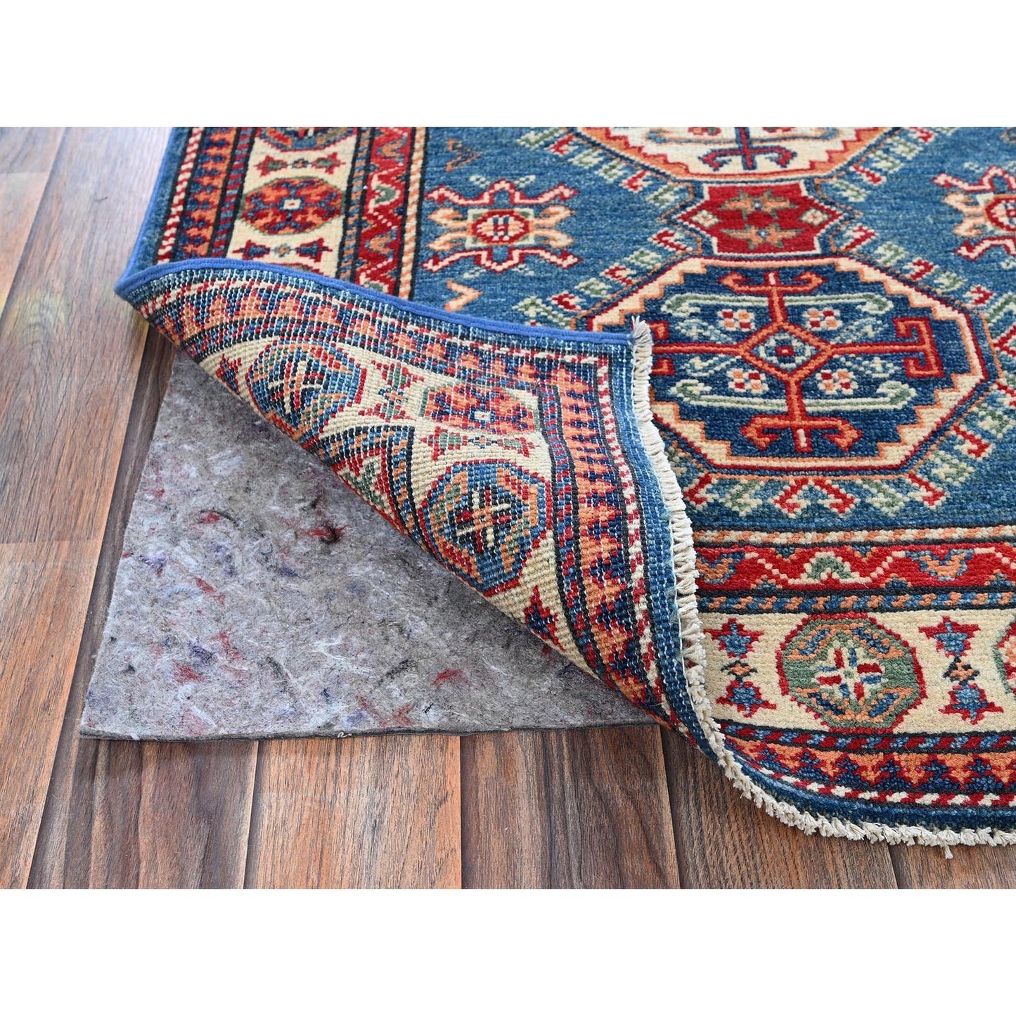 2'8"X4' Blue Kazak With Tribal Design Hand Knotted Soft Wool Sample Rug