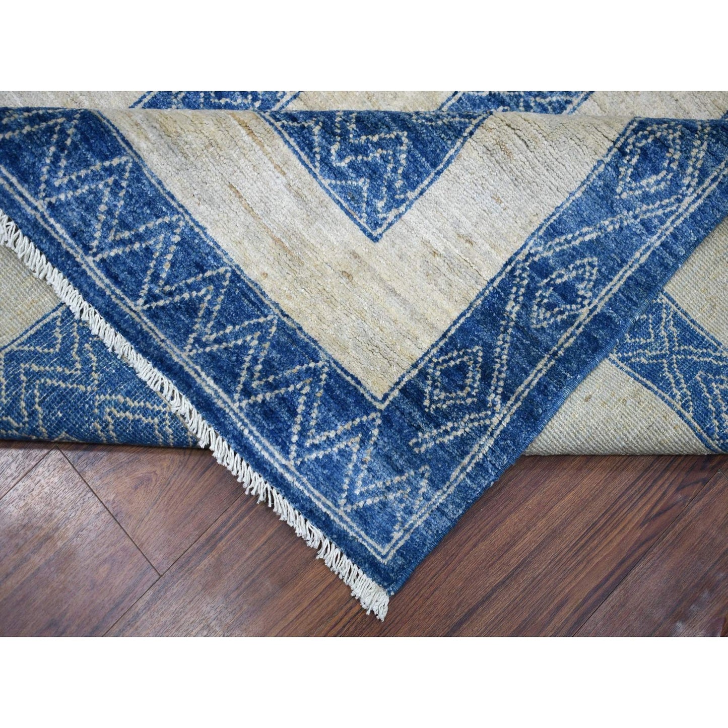 9'2"X11'9" Denim Blue Maze Design Berber Influence Hand Knotted Wool Rug