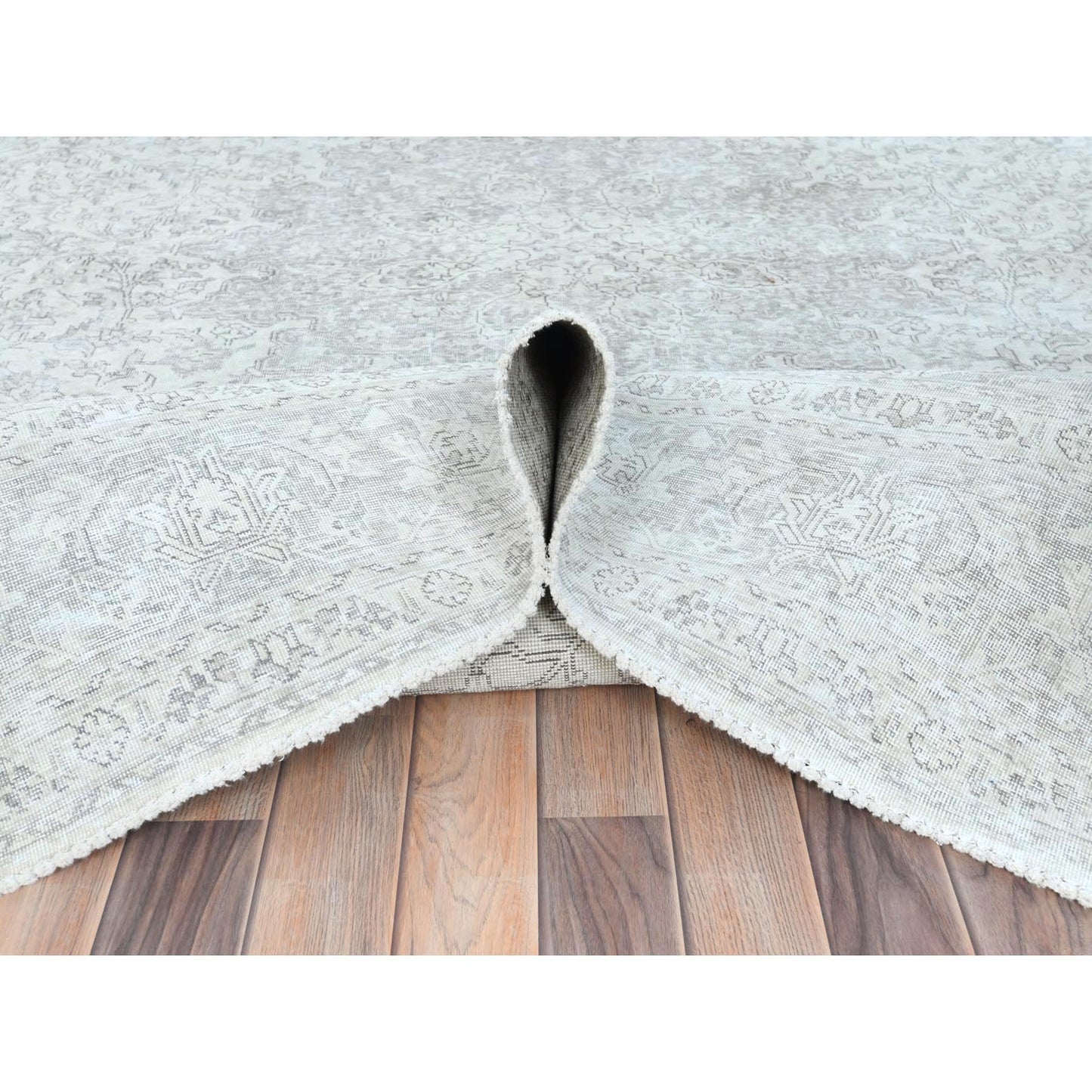 8'1"X11'2" Ivory Worn Wool Hand Knotted Vintage Farsian Tebraz Rug