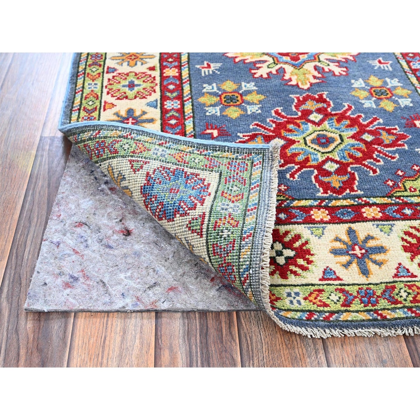 2'9"X4'1" Blue Kazak With Tribal Design Hand Knotted Soft Wool Sample Rug