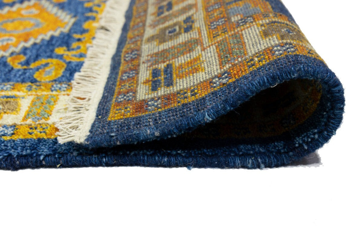 Vintage Style Blue Geometric Kazak Runner Rug