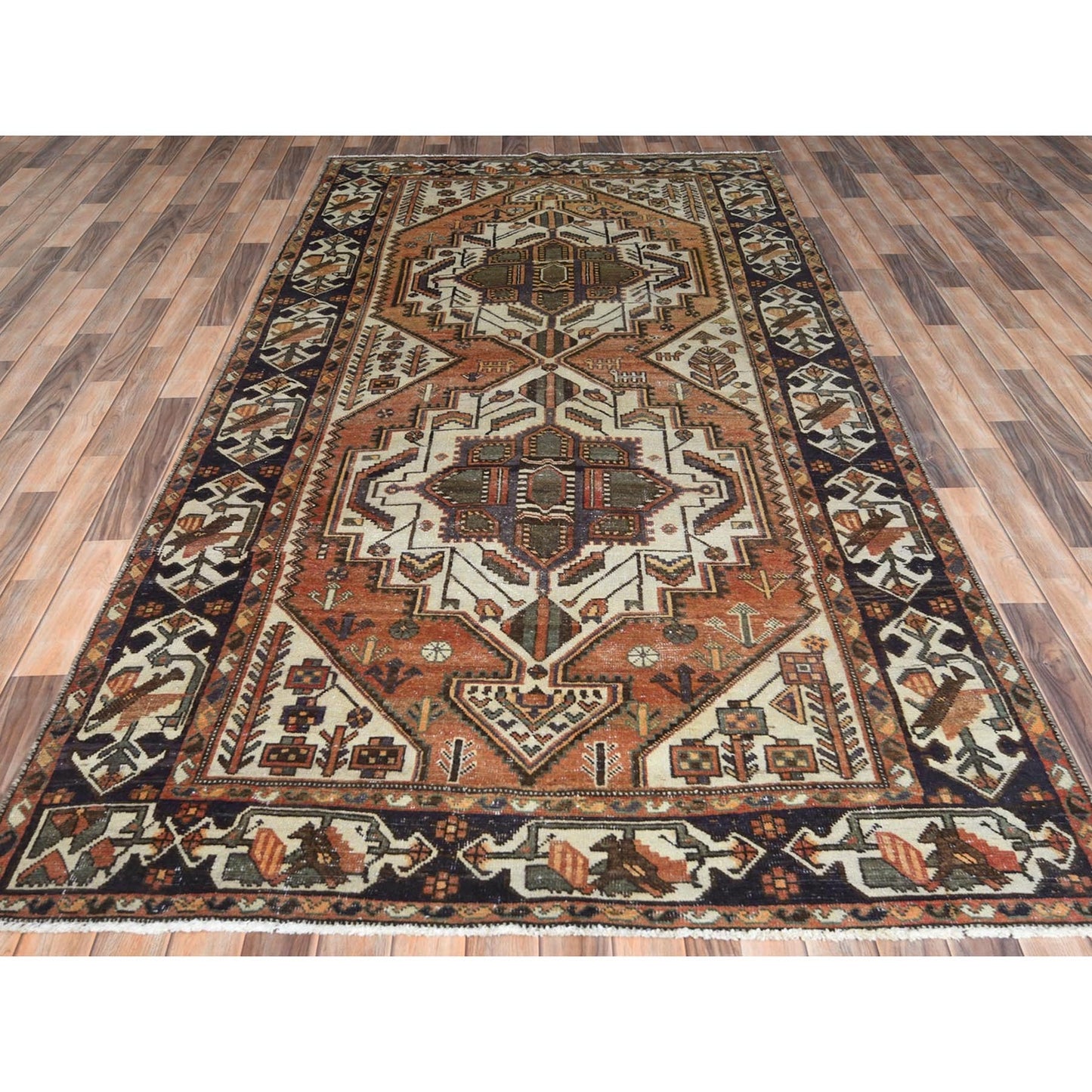 5'3"X10'10" Brown Worn Wool Hand Knotted Vintage Farsian Runner Rug
