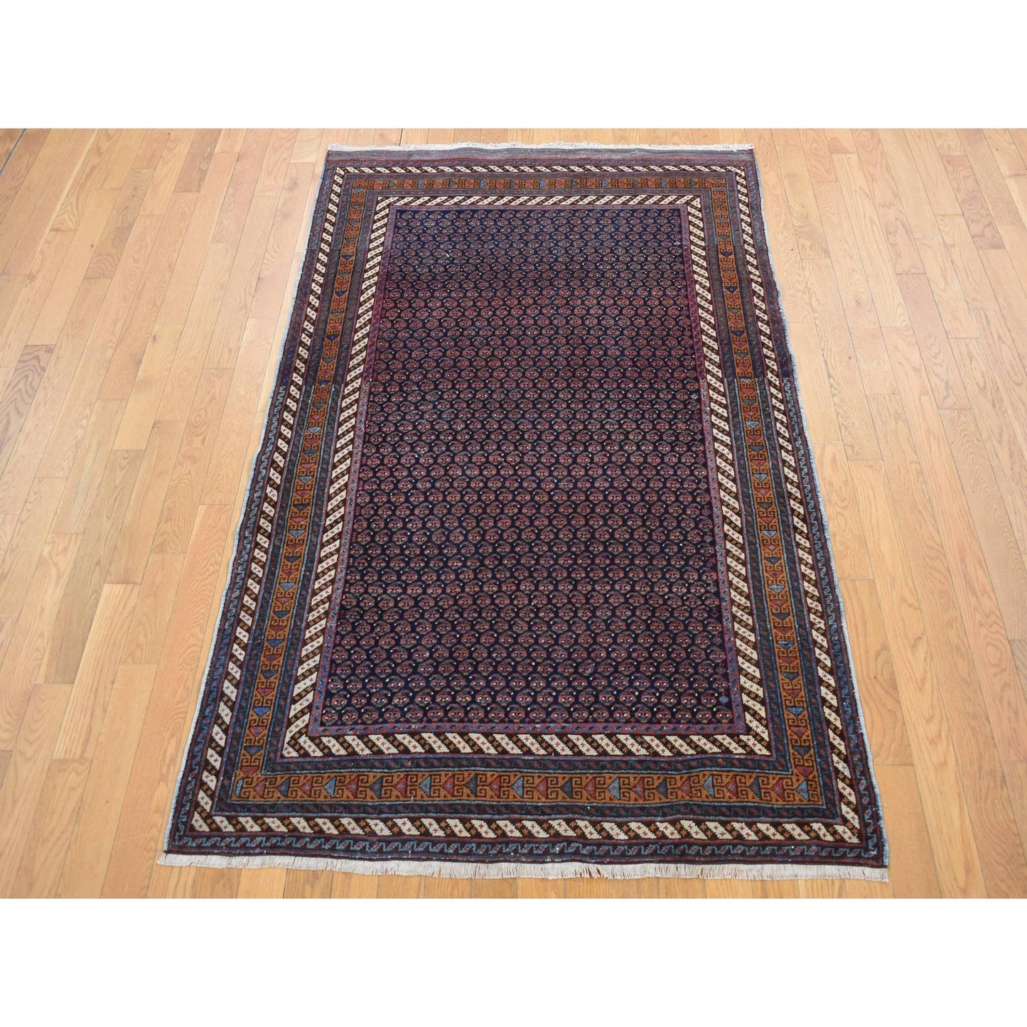 4'4"X6'10" Blue Antique Zoroastrian Hand Knotted Pure Wool Soft Clean Rug