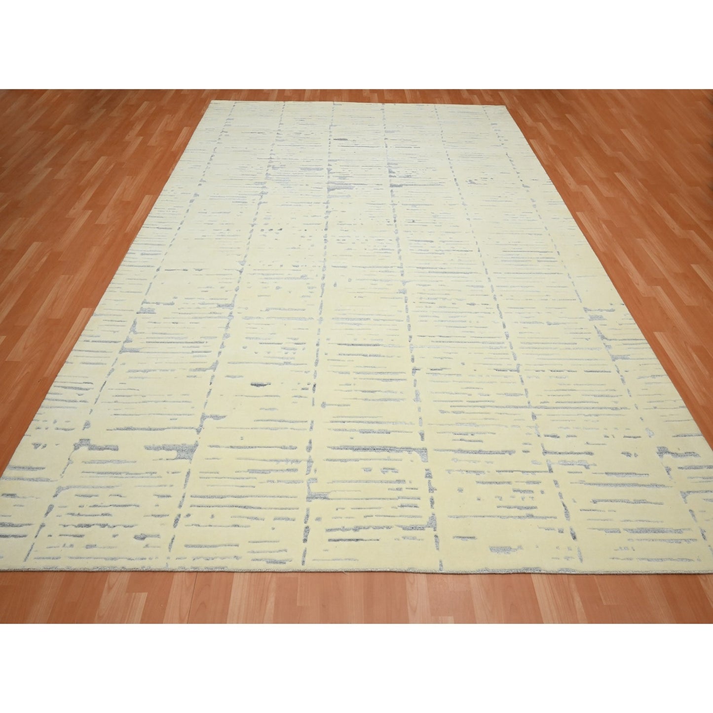 9'X12' White Modern Design Textured Weave Wool & Silk Hand Knotted Rug