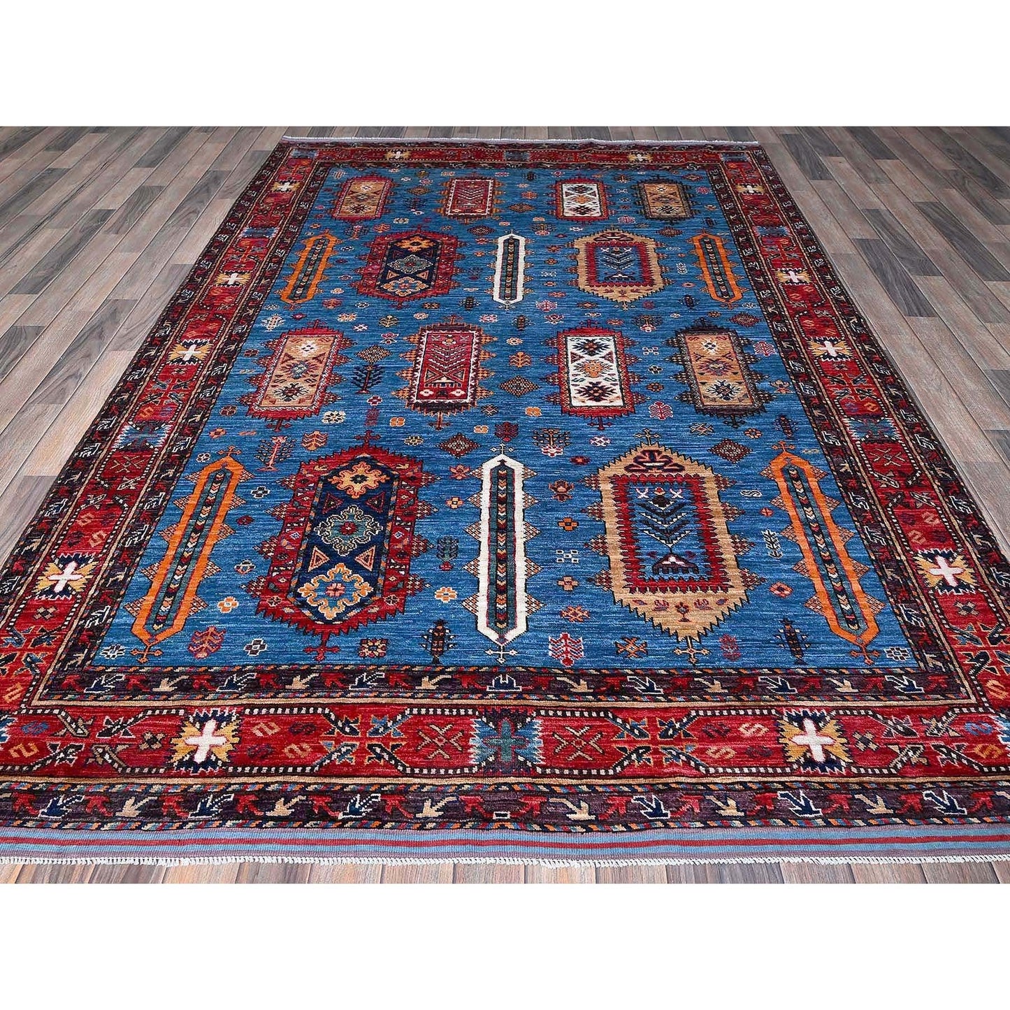 6'3"X9'1" Blue Afghan Caucasian Design Revival Hand Knotted Soft Wool Rug