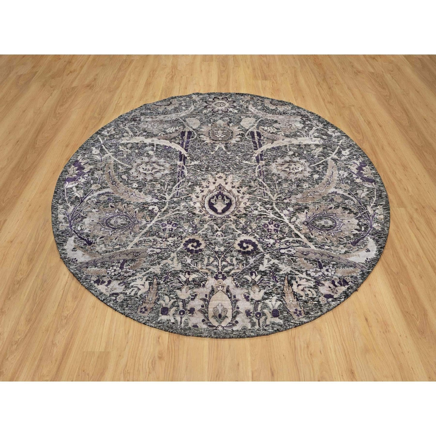 8'X8' Brown Hand Knotted Wool And Silk Sickle Leaf Round Oriental Rug