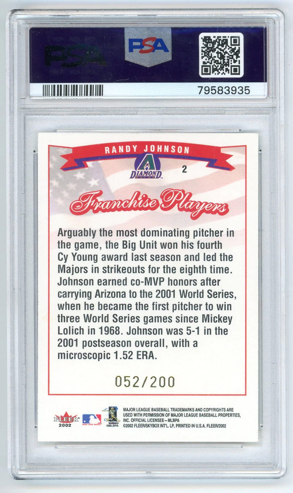 Randy Johnson 2002 Fleer Tiffany #2 Psa Mt 9