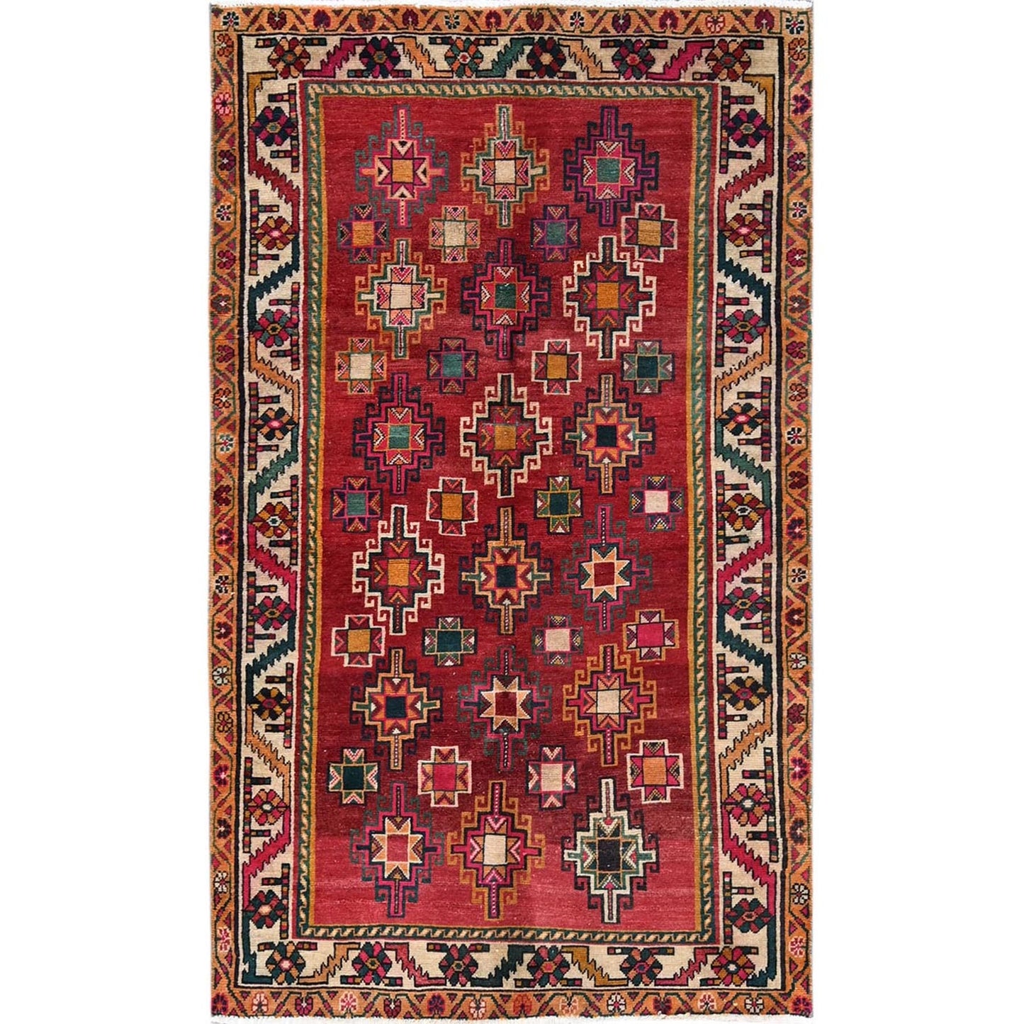 4'4"X7'4" Red Vintage Zoroastrian Caucasian Gul Design Knotted Wool Rug