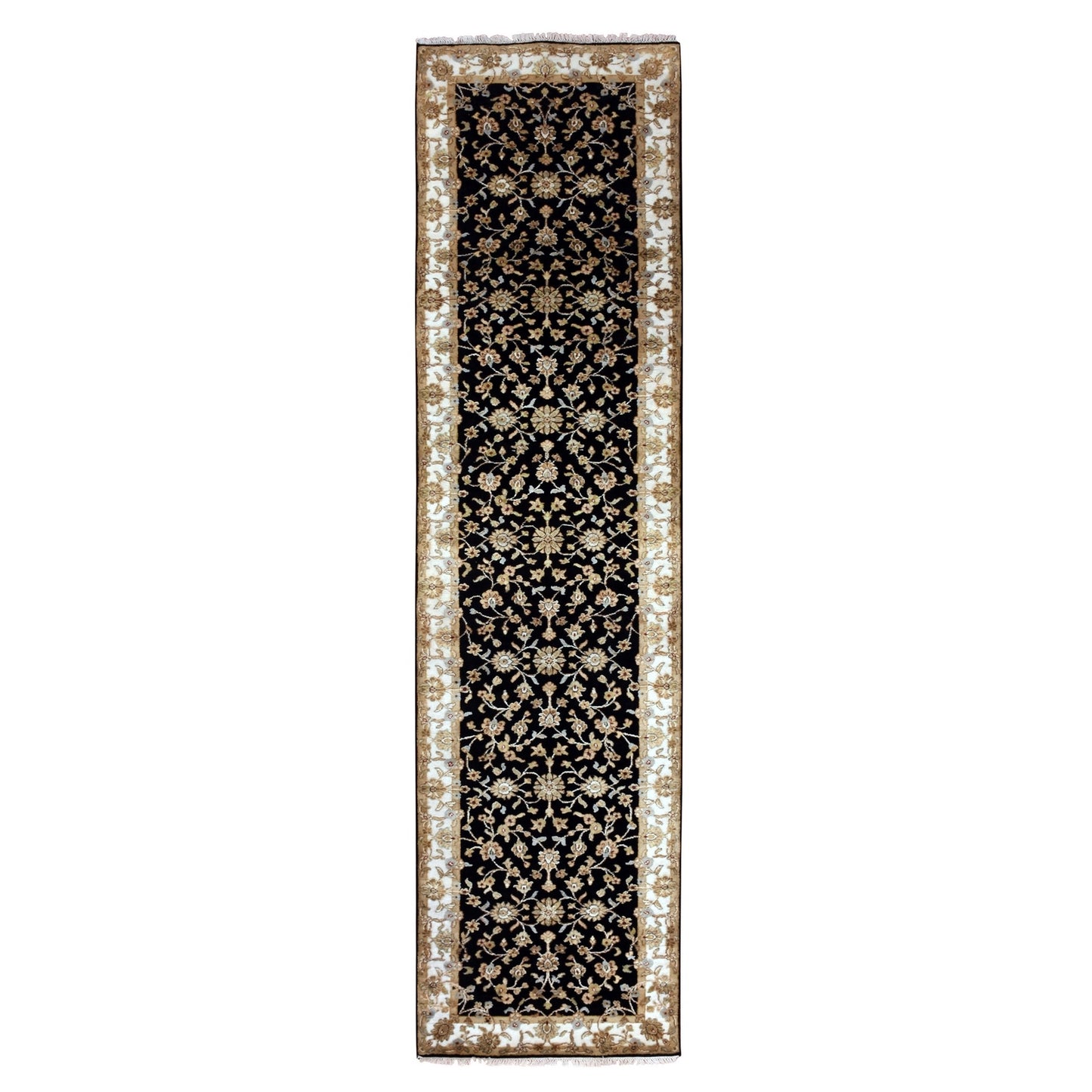 3'1"X12'2" Caviar Black Rajasthan Hand Knotted Wool Silk Runner Rug