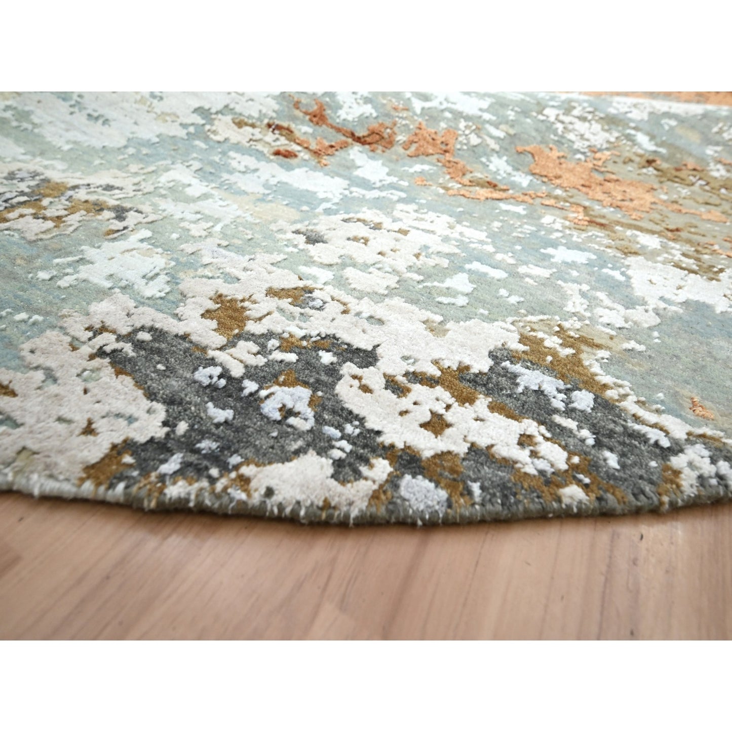 9'9"X9'9" Shades Of Gray Abstract Design Pure Wool Hand Knotted Round Rug