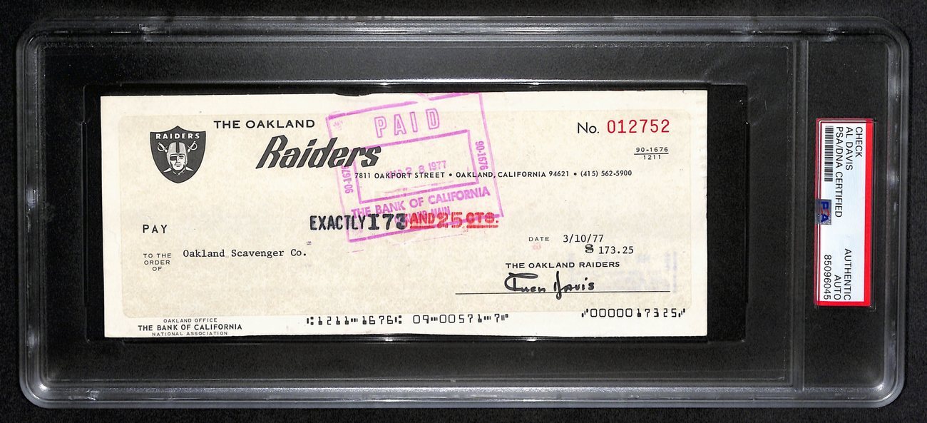 Al Davis Signed/Autographed 1977 Oakland Raiders Check Psa/Dna