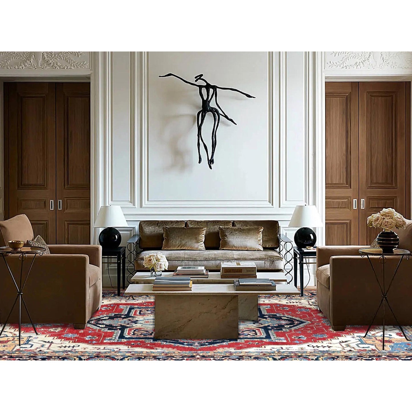 12'1"X15'9" Red Hand Knotted Wool Heris Seeripe Geometric Oversized Rug