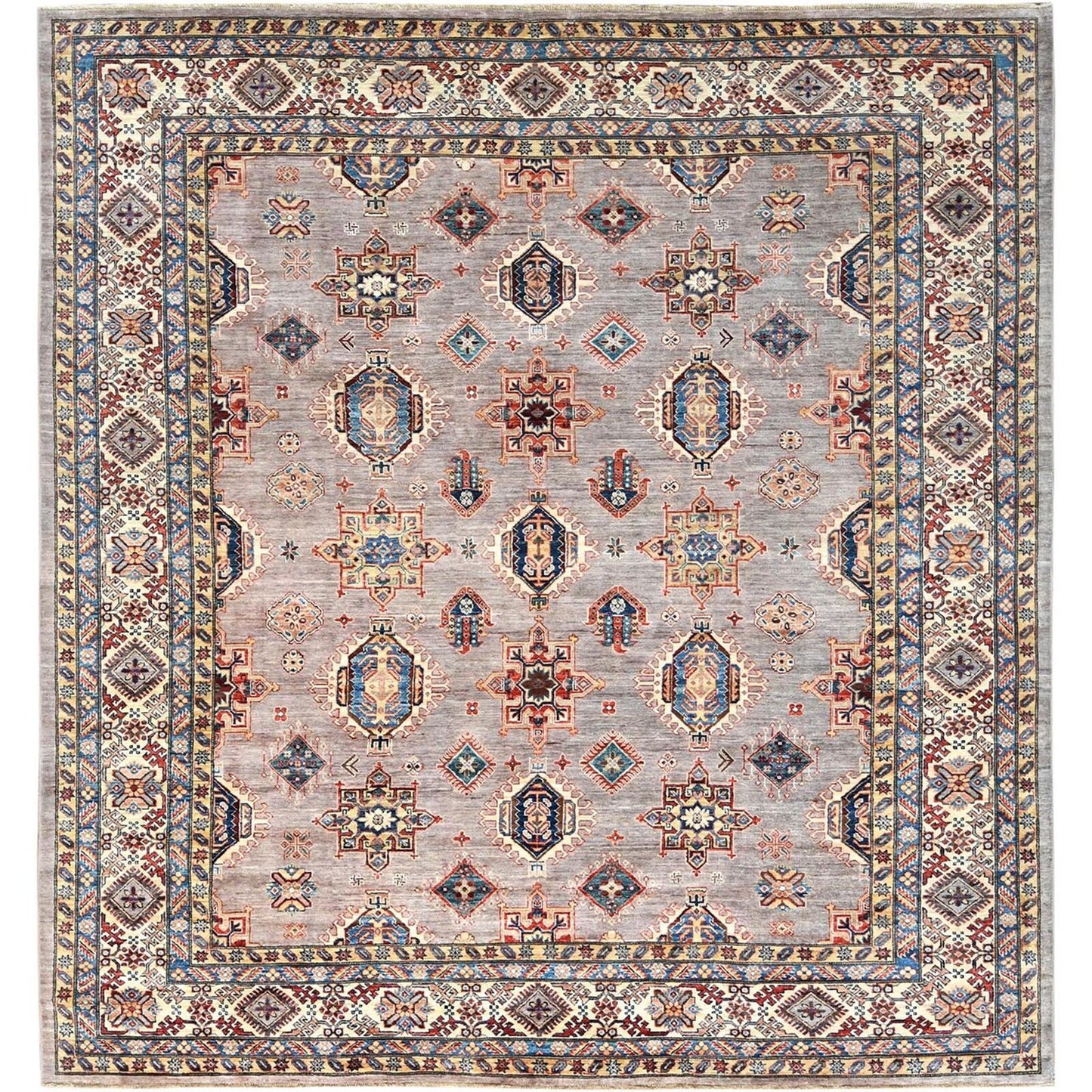 9'9"X9'9" Silver Pink Afghan Super Kazak Wool Hand Knotted Square Rug