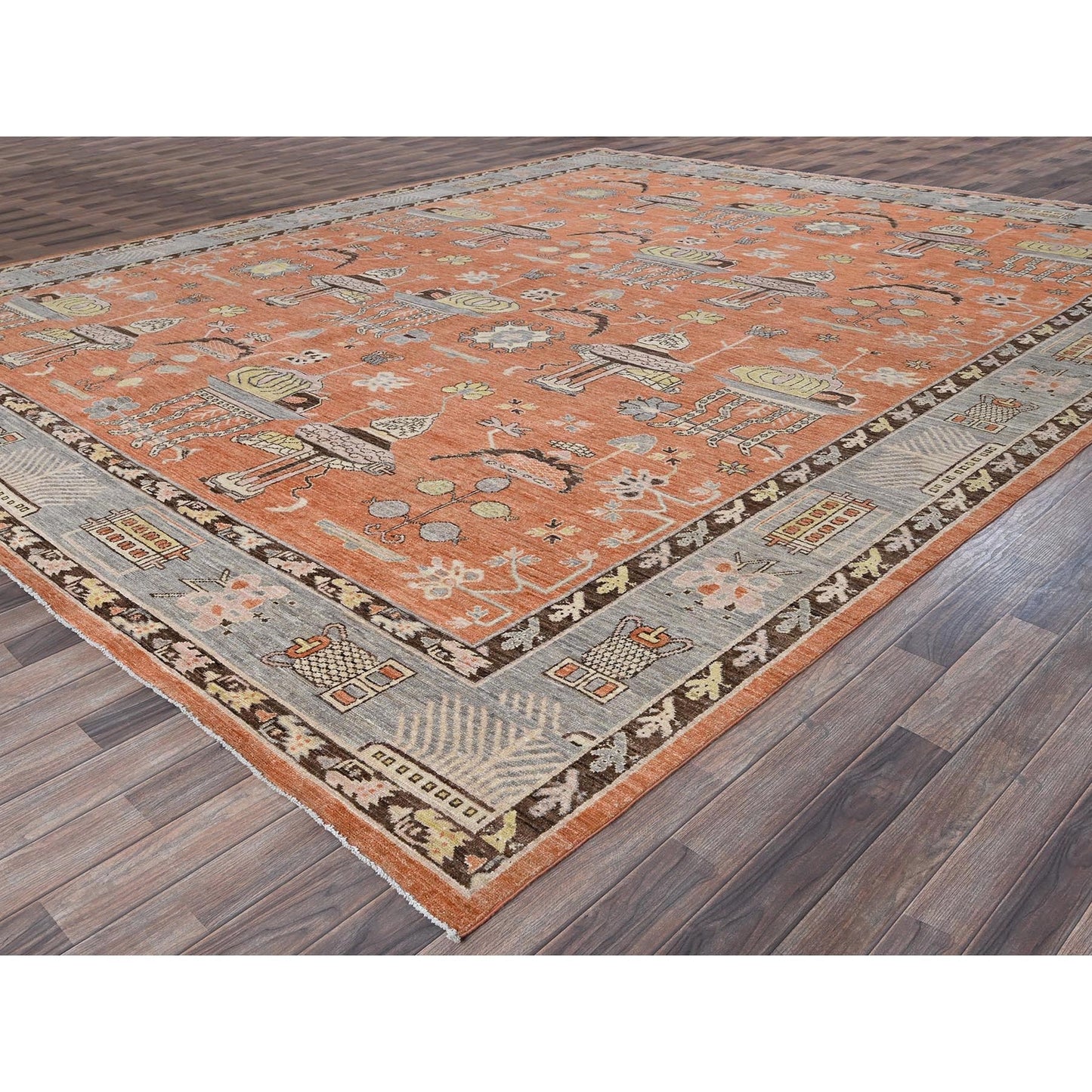 12'1"X14'6" Orange Khotan And Samarkand Design Hand Knotted Soft Wool Rug