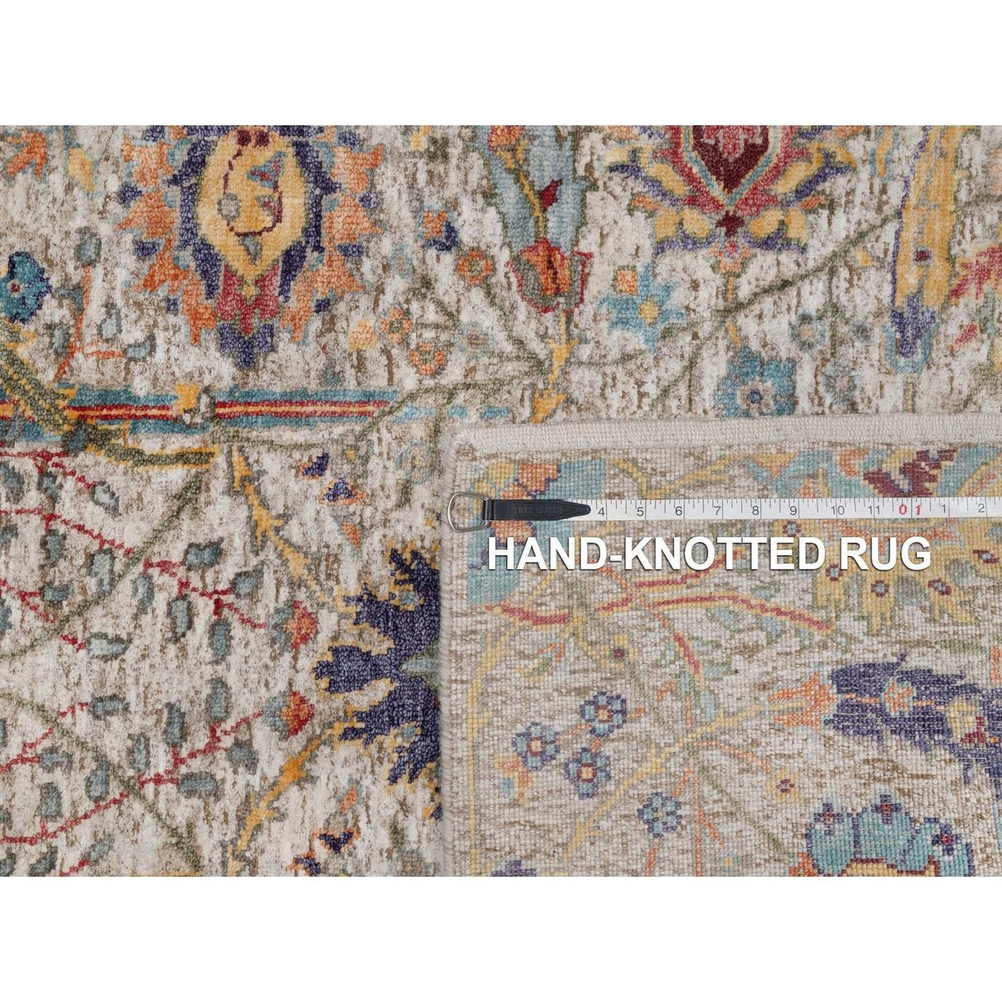 4'X6' Ivory Silk With Textured Wool Rug Sickle Leaf Design Hand Knotted