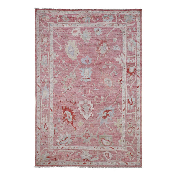 5'9"X8'9" Pink Hand Knotted Afghan Angora Oushak Leaf Design All Wool Rug