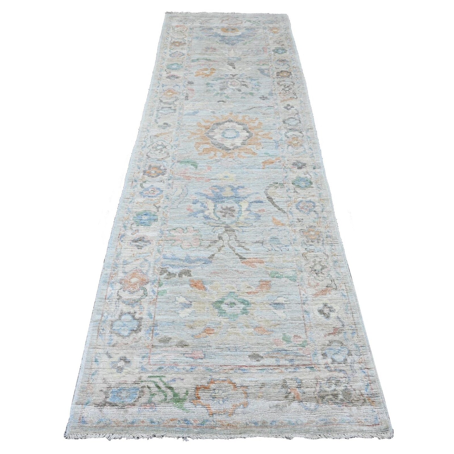 3'1"X10' Gray Hand Knotted Angora Oushak Leaf Design Pure Wool Runner Rug