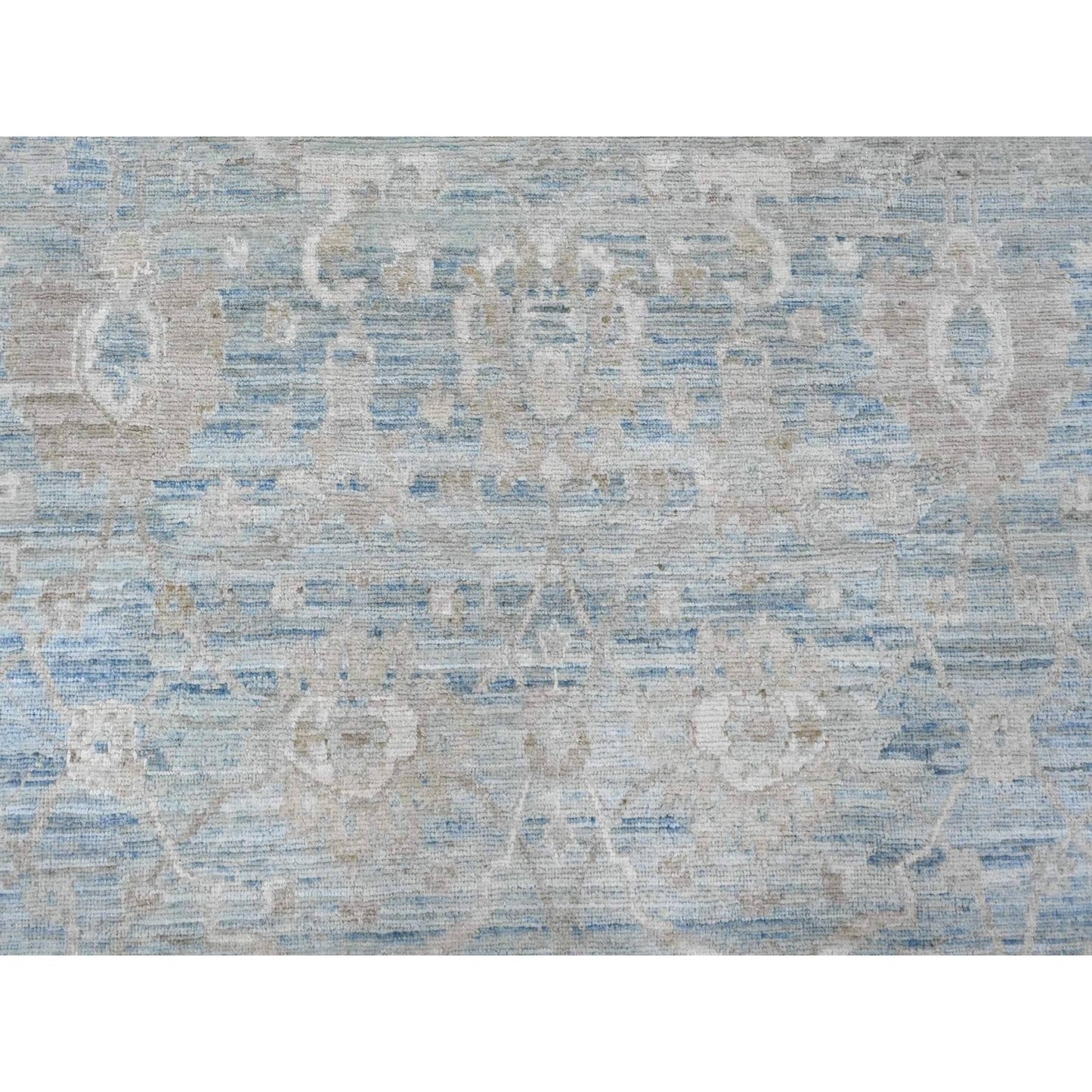 8'8"X12' Blue White Wash Peshawar Leaf Design Hand Knotted Pure Wool Rug
