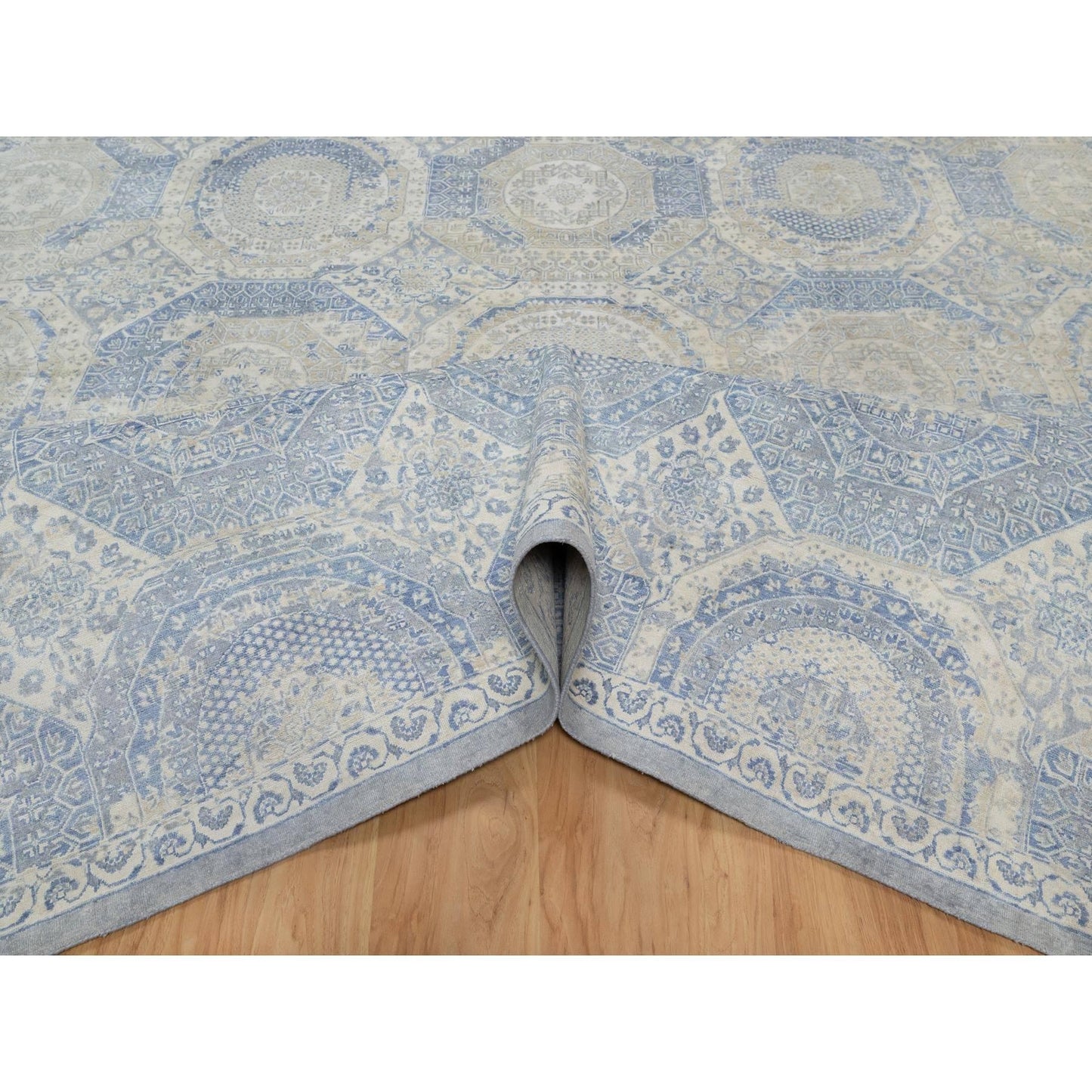 9'X11'9" Ivory-Blue Pure Natural Linen Mamluk Design Hand Knotted Rug