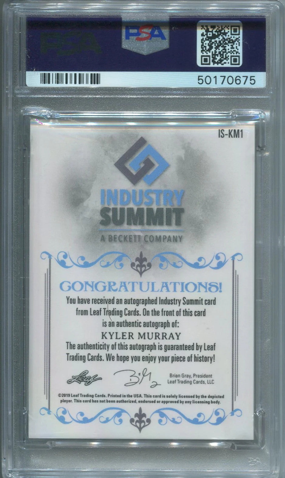Kyler Murray 2019 1/1 Leaf Industry Summit Autographed Card#Km1 (Psa) Graded Aut