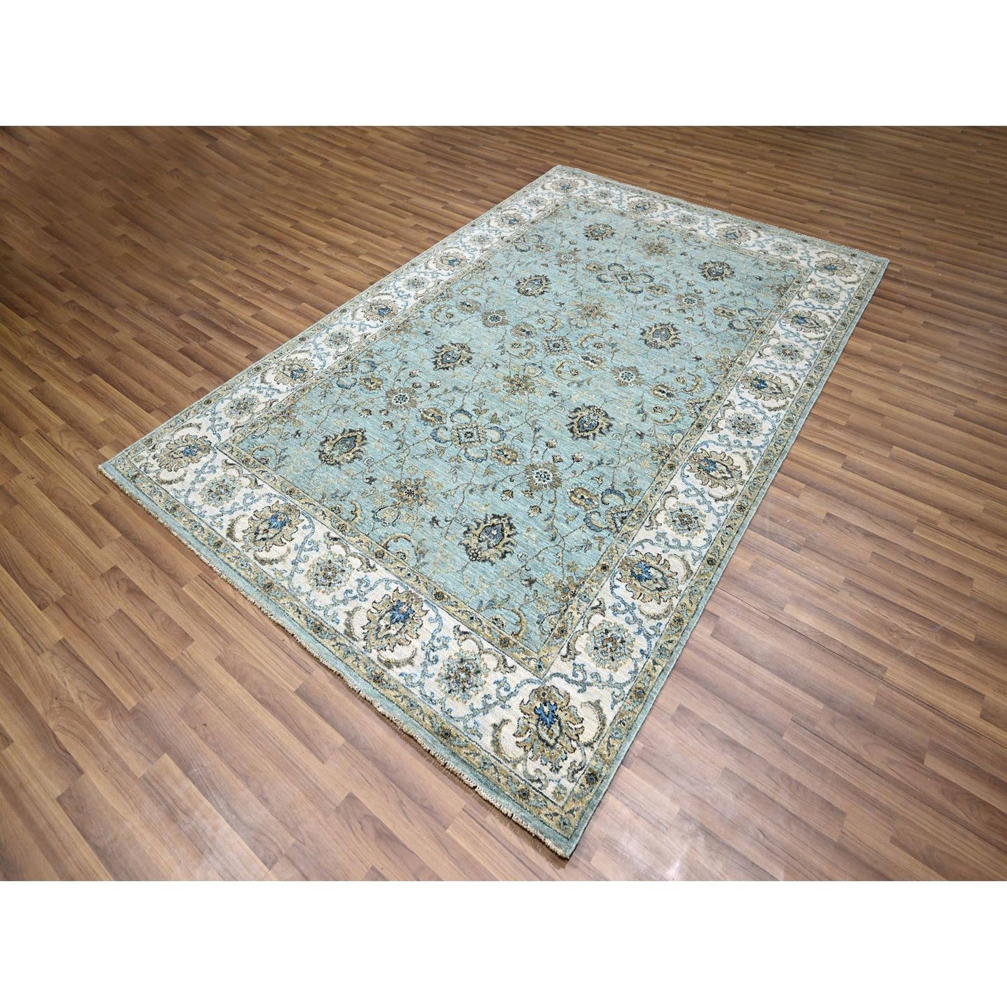 6'X9'1" Baby Blue Hand Knotted Agra Shah Abbas Vines Design Pure Wool Rug