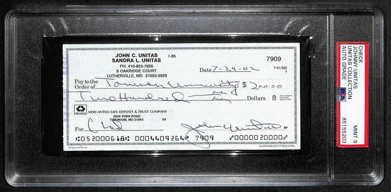 Johnny Unitas Signed 7/24/02 Check Psa/Dna Mint 9