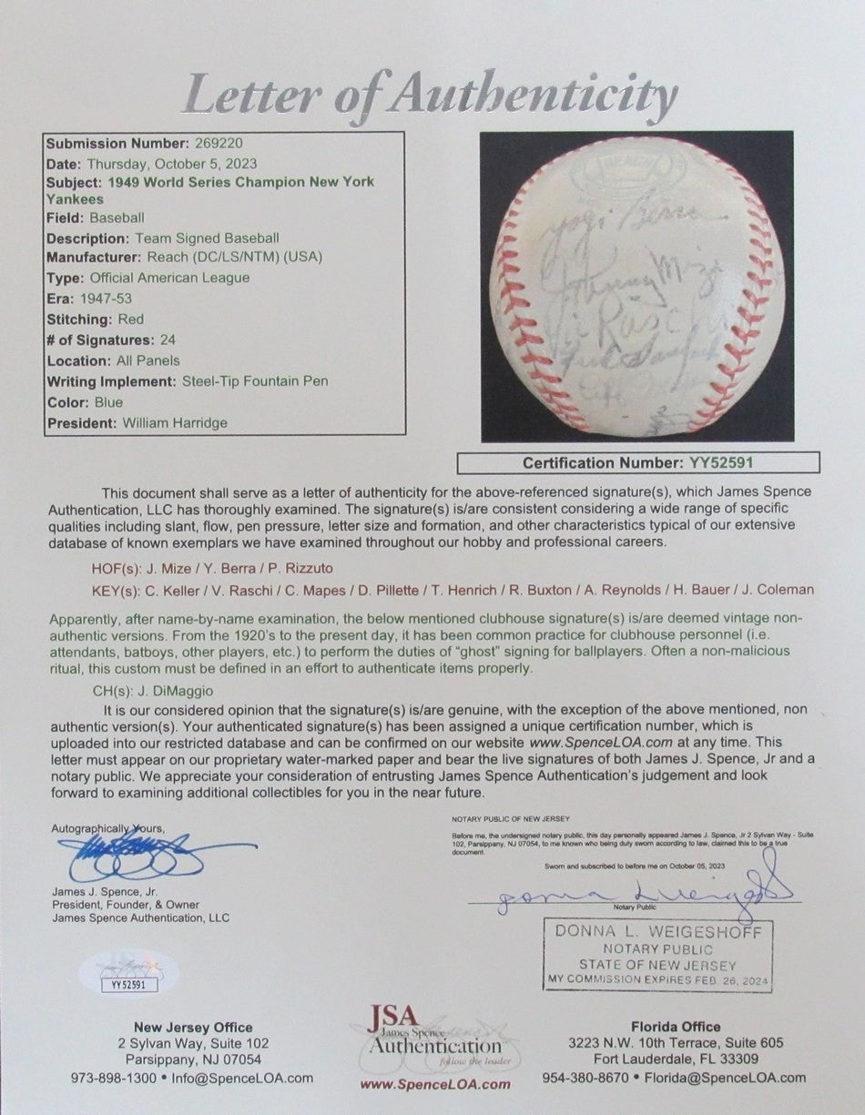 1949 Yankees Oal Team Signed Baseball (24) Ws Champ Hofer Berra/Mize/Rizzuto Jsa