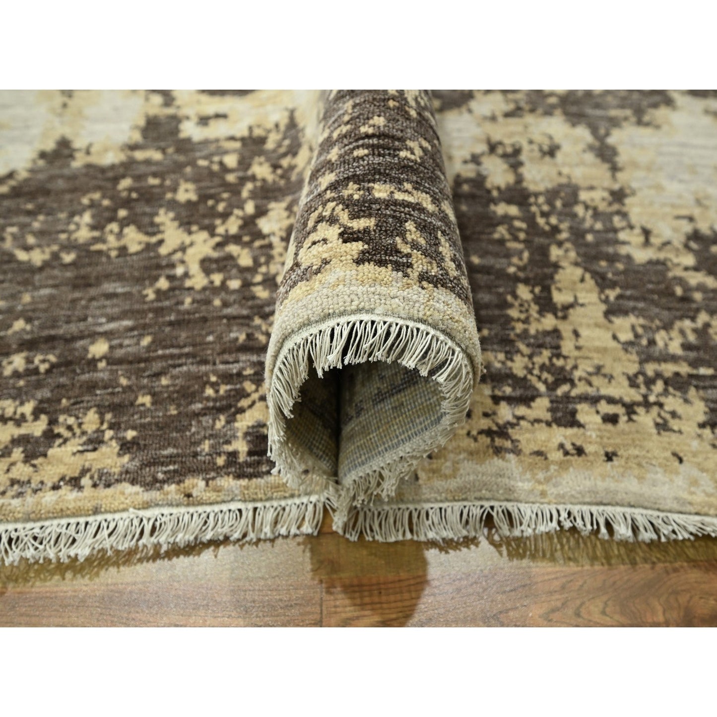 9'X12' Ivory & Brown Modern Abstract Design Hand Knotted Wool & Silk Rug