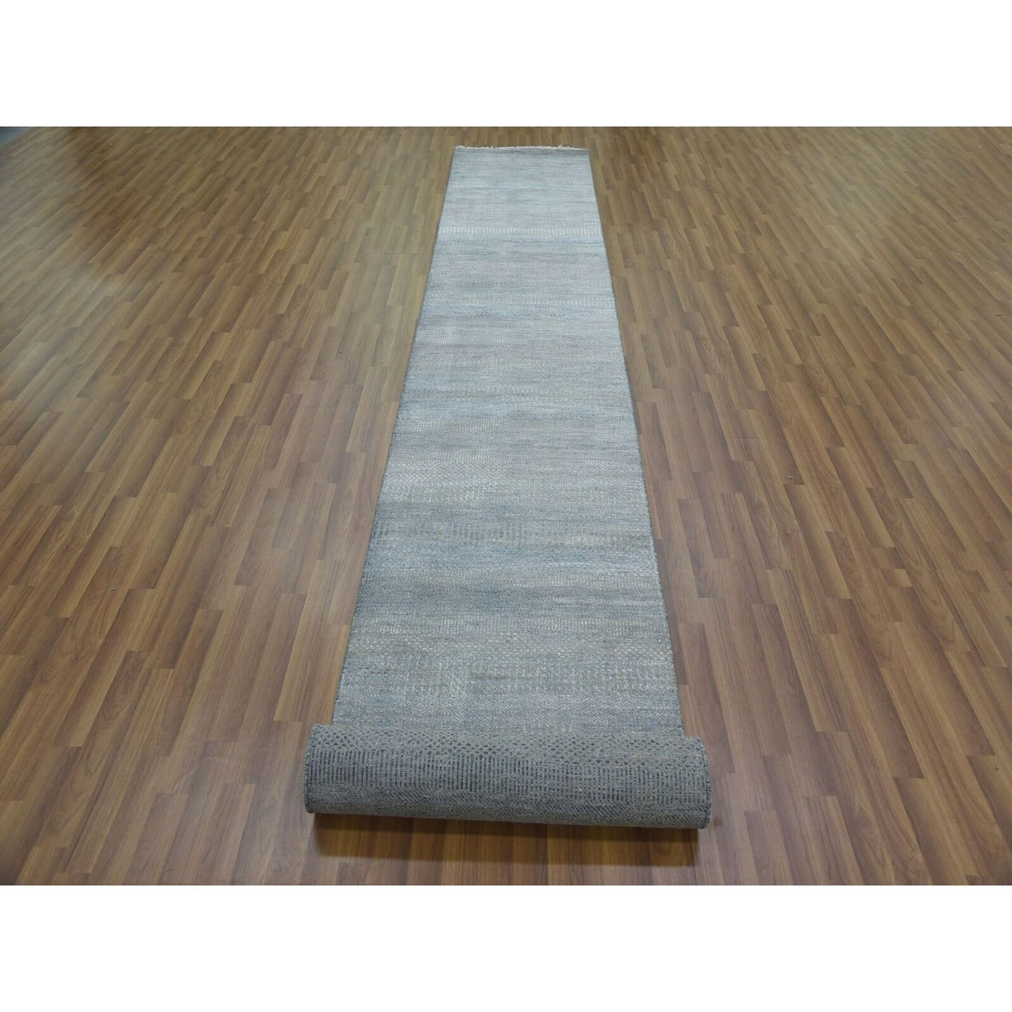 2'7"X16'4" Blue Wool And Silk Hand Knotted Modern Xl Runner Rug