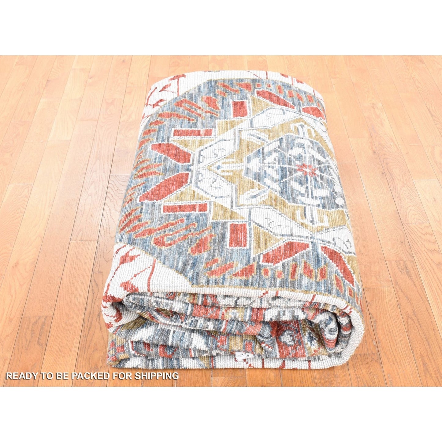 10'2"X14'2" Gold Mamluk Design Hand Spun Wool Hand Knotted Rug