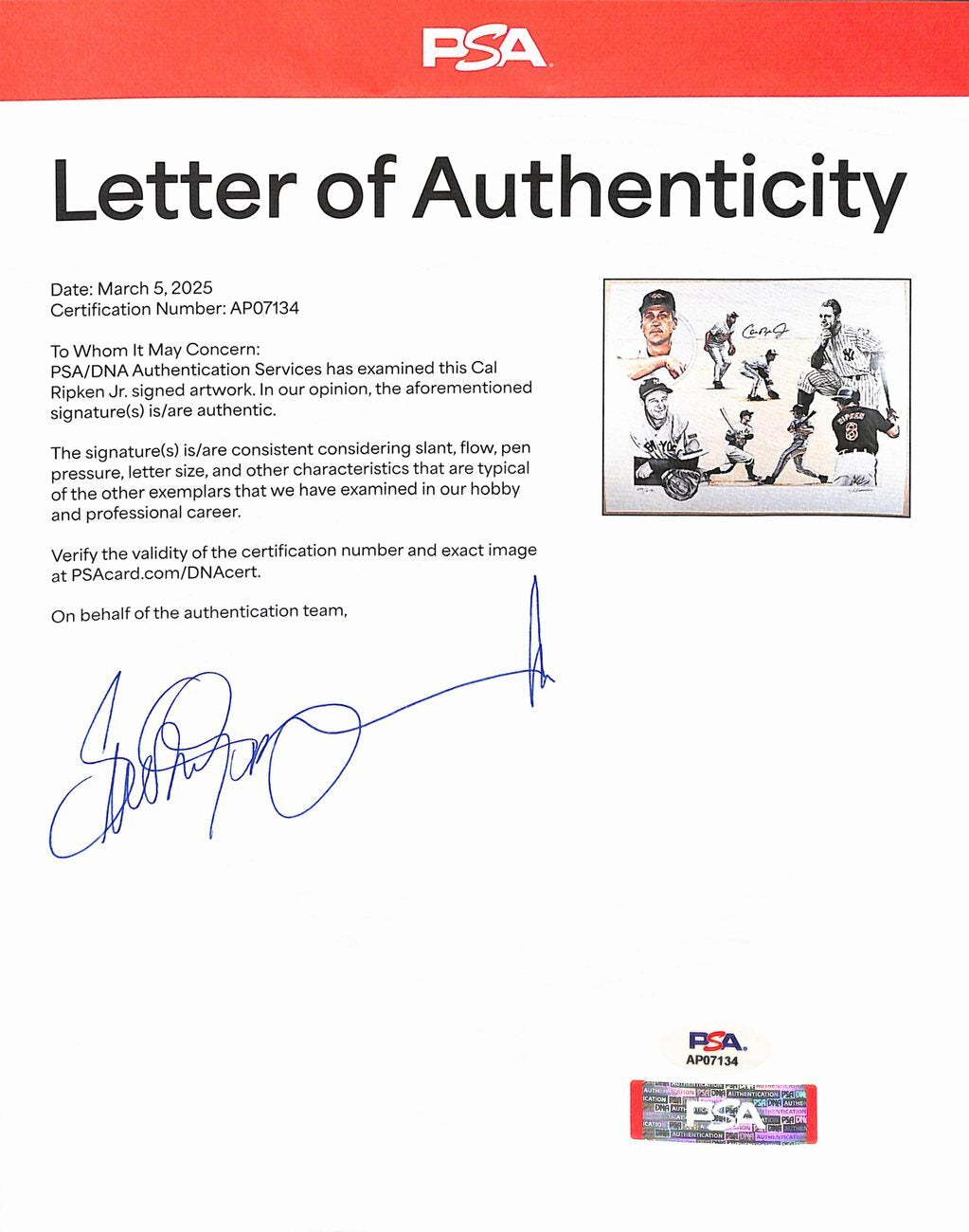 Cal Ripken, Jr. Signed 1995 James Fiorentino Lithograph Orioles Psa/Dna 195714