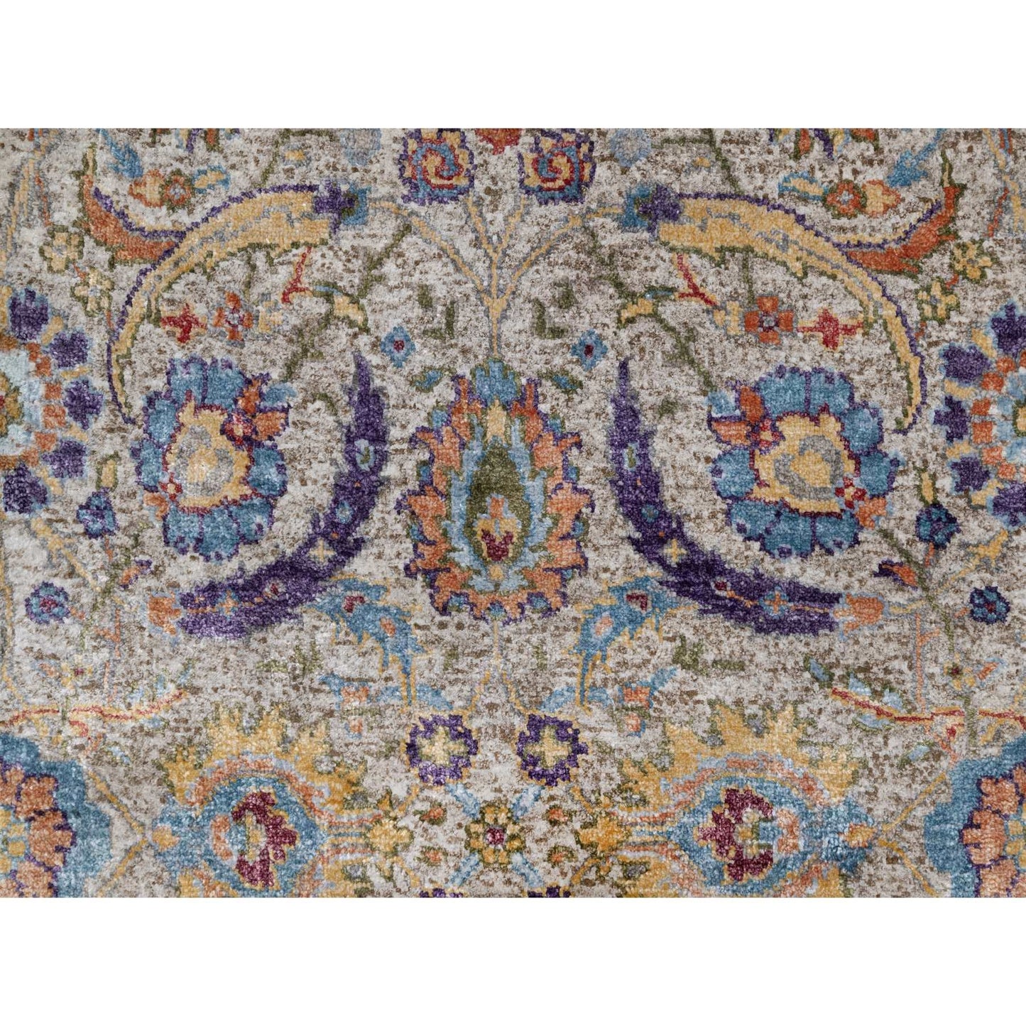 2'5"X26' White Silk With Wool Hand Knotted Sickle Leaf Design Runner Rug