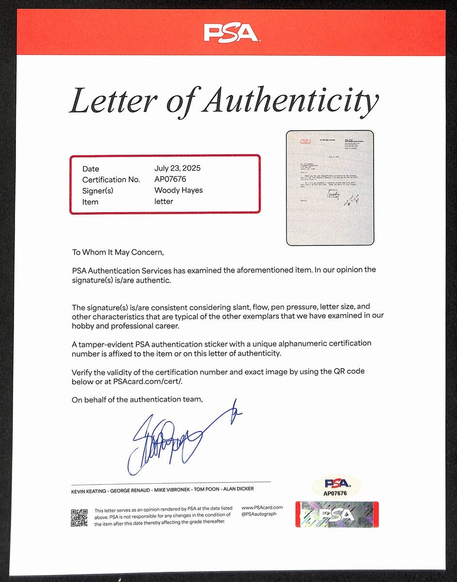 Woody Hayes Signed/Auto 9X11 1982 Tls Letter Ohio State Univ Psa/Dna 198860
