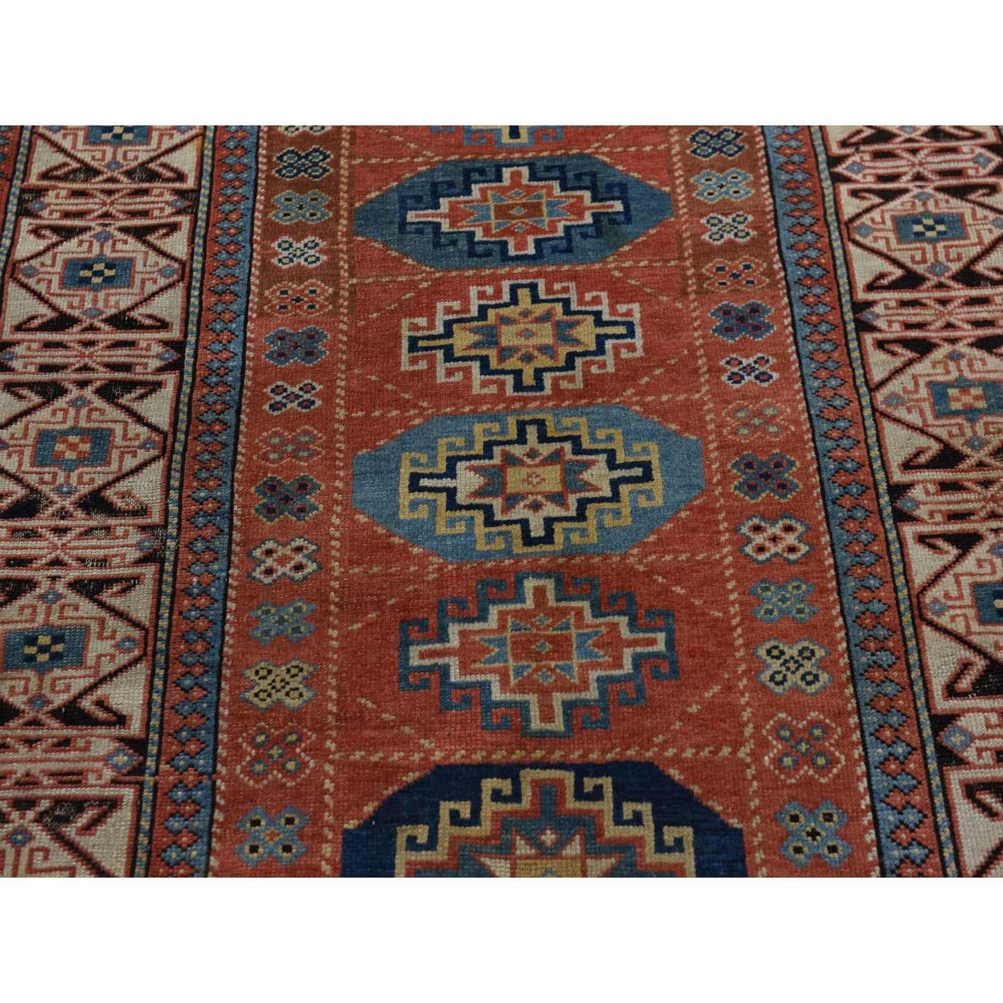 3'9"X8'4" Red Antique Caucasian Mogan Kazak Wool Hand Knotted Runner Rug