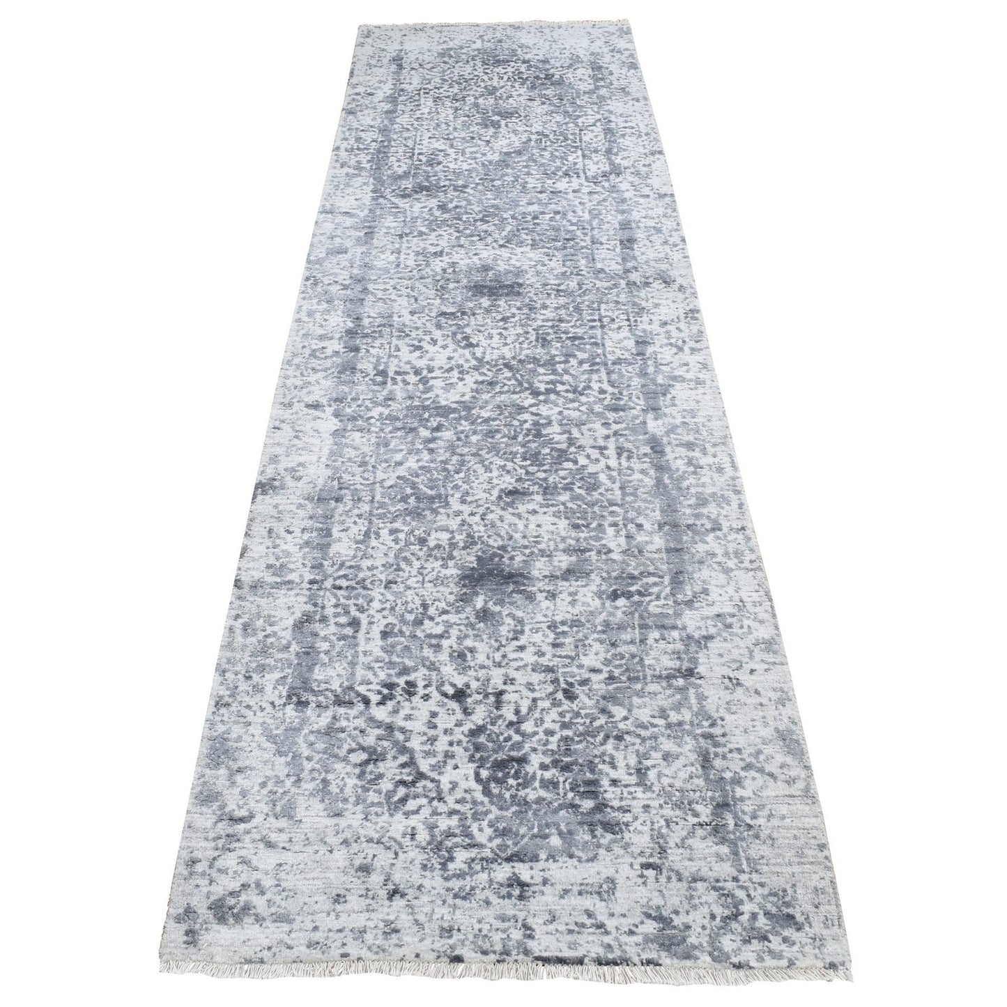 2'7"X7'10" Gray Hand Knotted Zoroastrian Design Wool And Silk Runner Rug