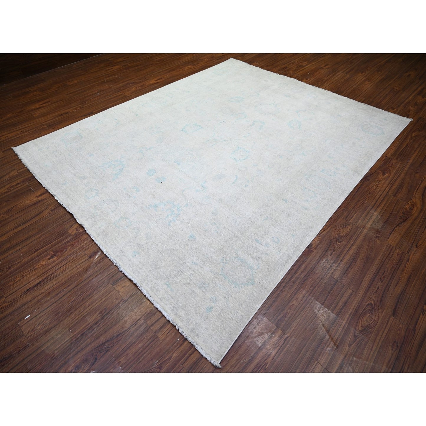 8'X9'7" Ivory Natural Wool Hand Knotted White Wash Peshawar Rug