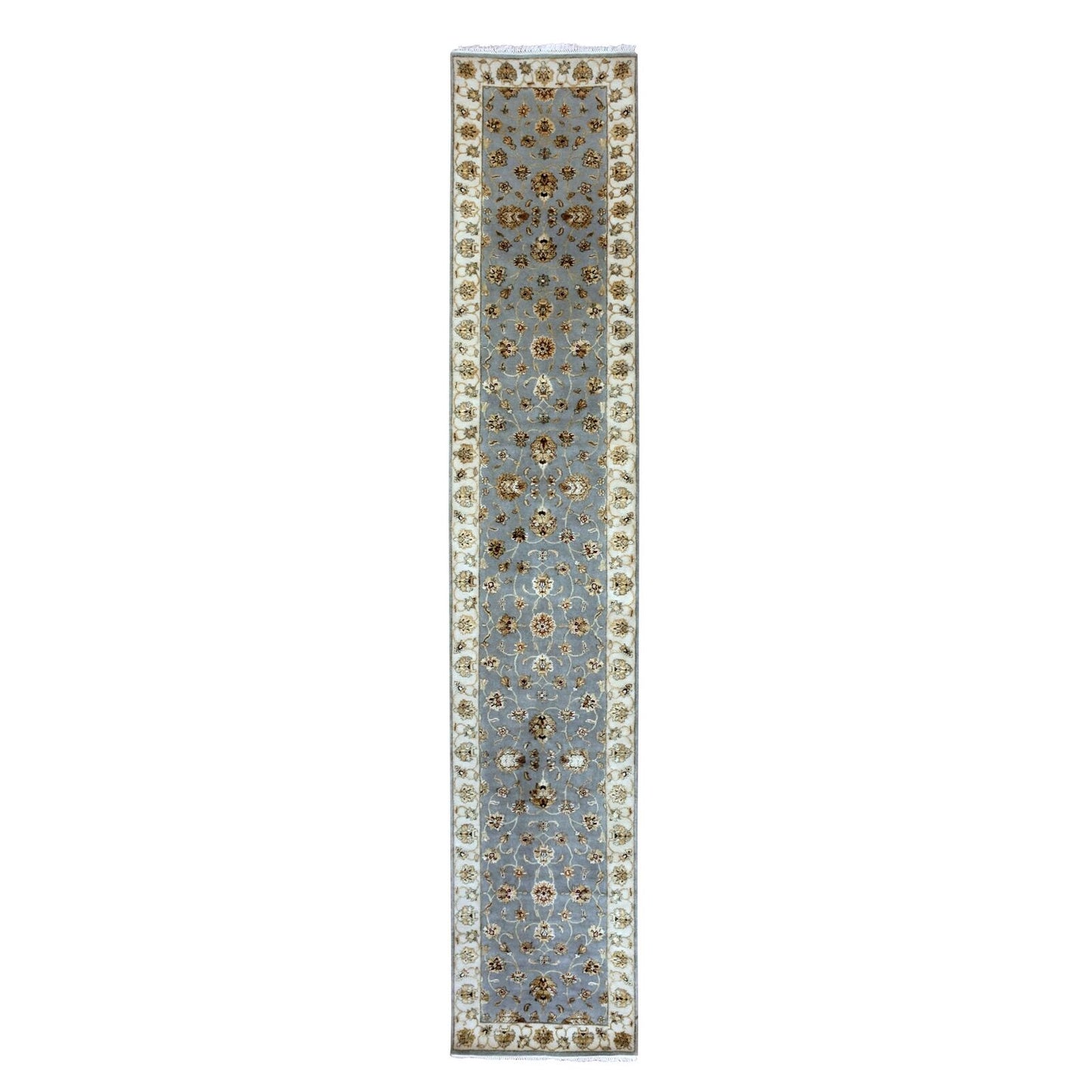 2'7"X14' Yarmouth Blue Hand Knotted Rajasthan Design Silk Wool Runner Rug