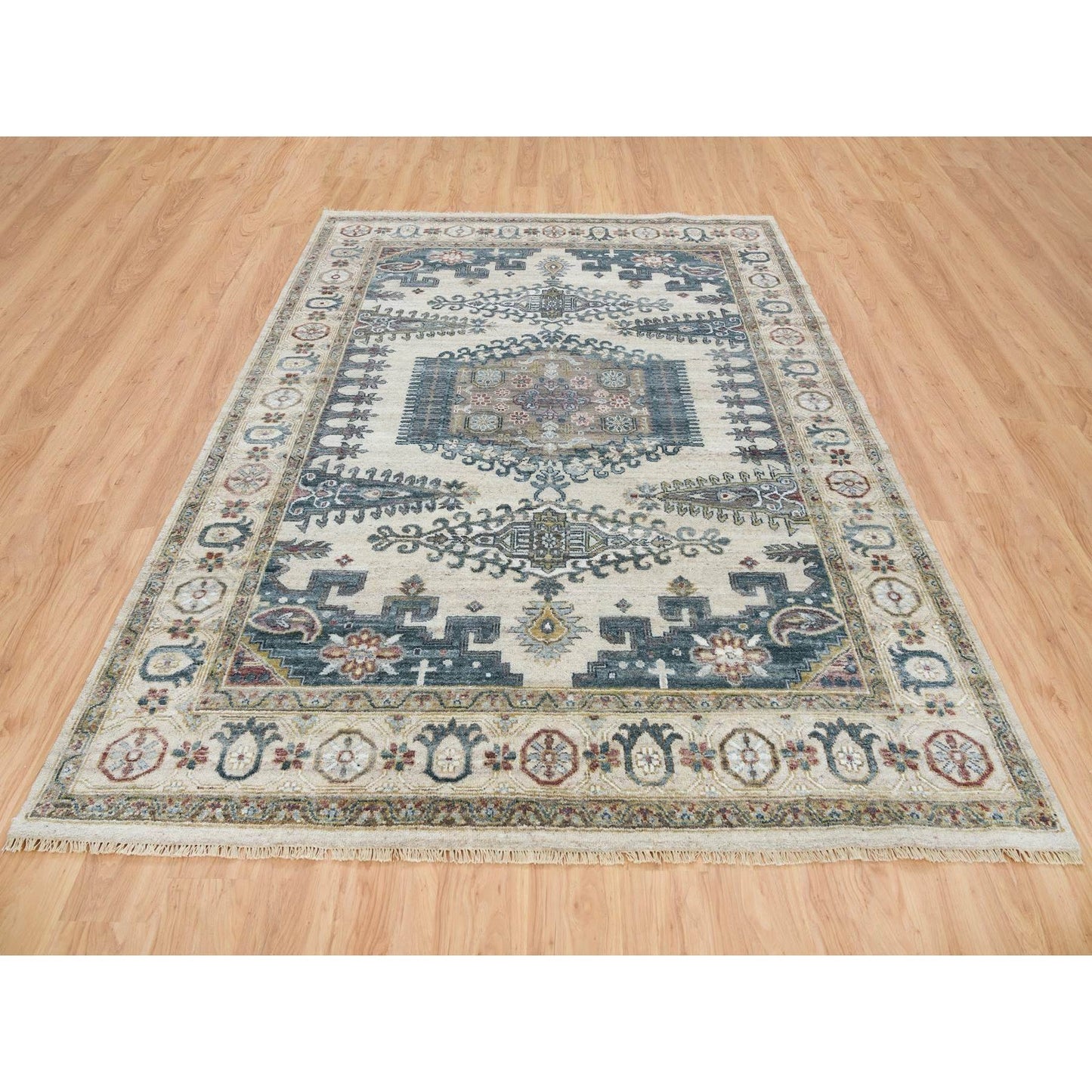 8'X10' Ivory Hand Knotted Reimagined Viss Design Pure Wool Oriental Rug