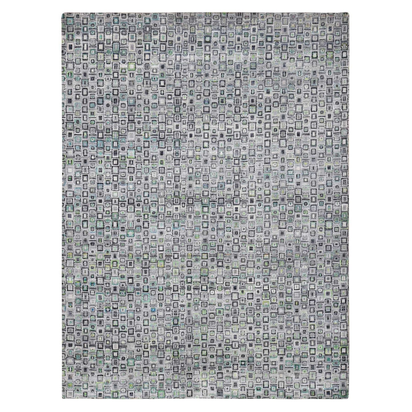 9'X12'3" Gray Silk With Wool Psefas Square Design Hand Knotted Rug