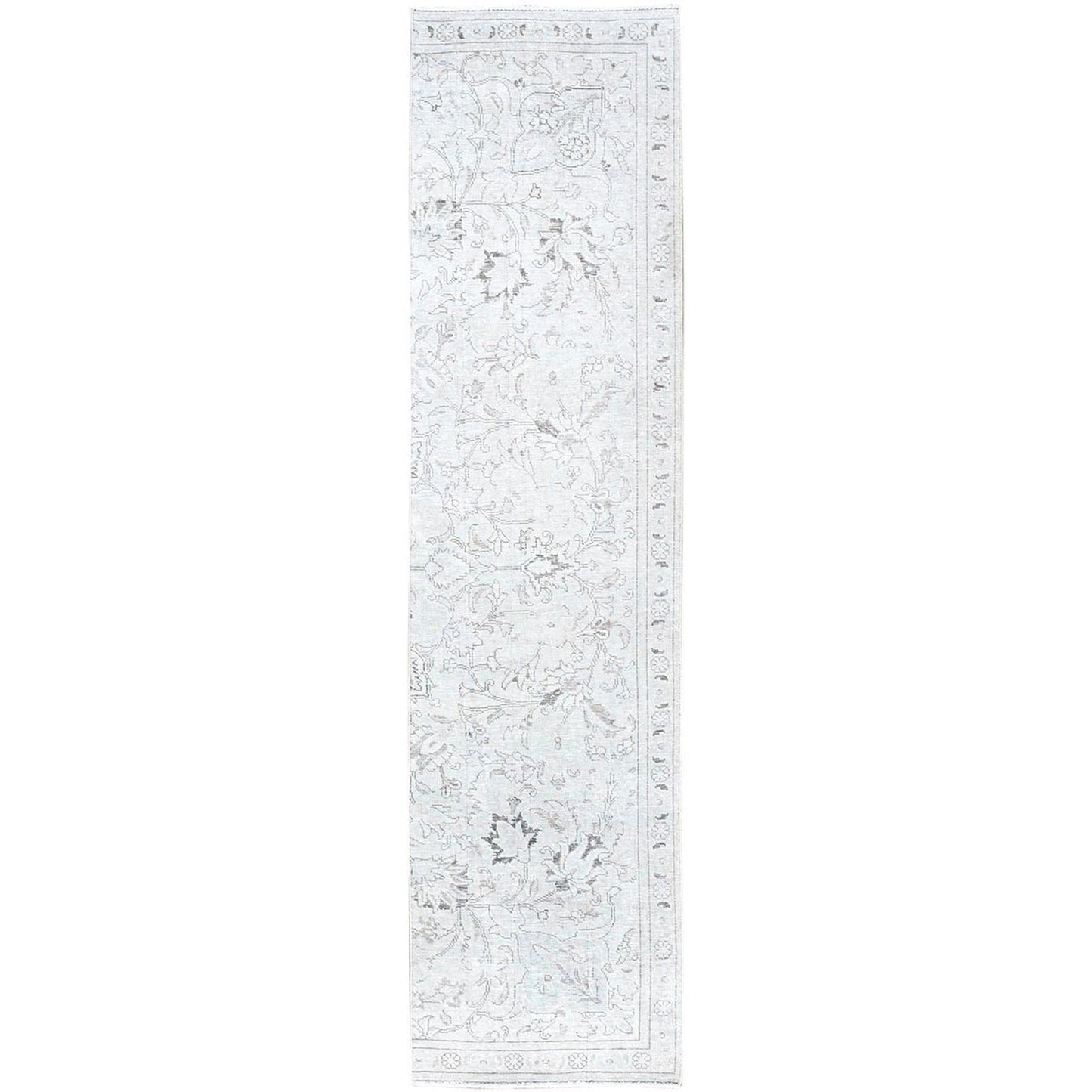 2'6"X10' White Fragment Old Tebraz Hand Knotted Worn Pure Wool Runner Rug