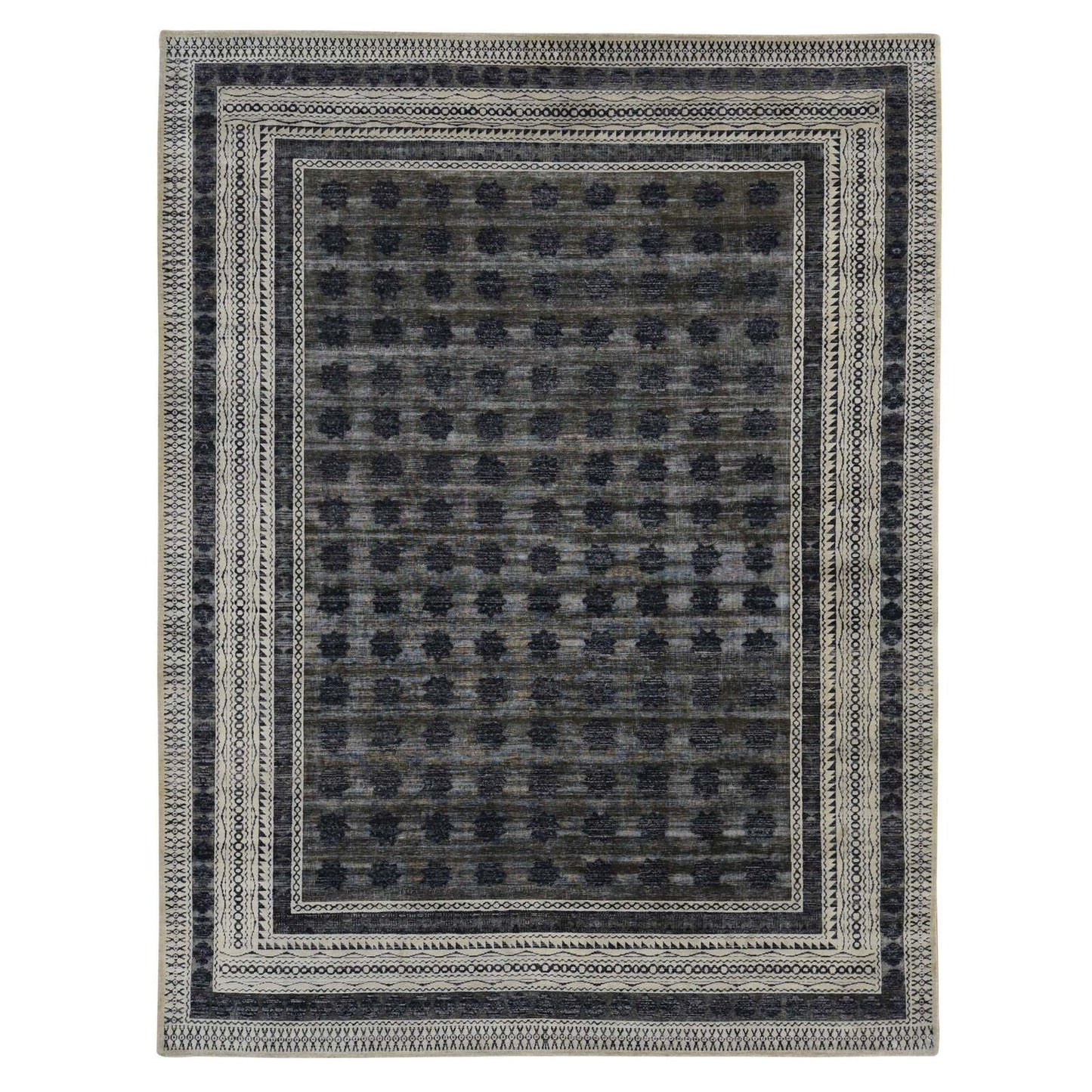 9'X12' Owl Gray Distressed Silk Repetitive Design Hand Knotted Rug